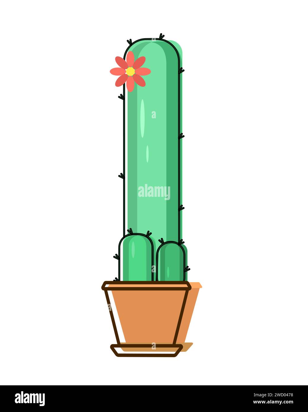 Grüner stacheliger langer verzweigter Kakteen mit rosa blühender Blume in braunem Topf. Abbildung mit Umriss. Vektor Stock Vektor