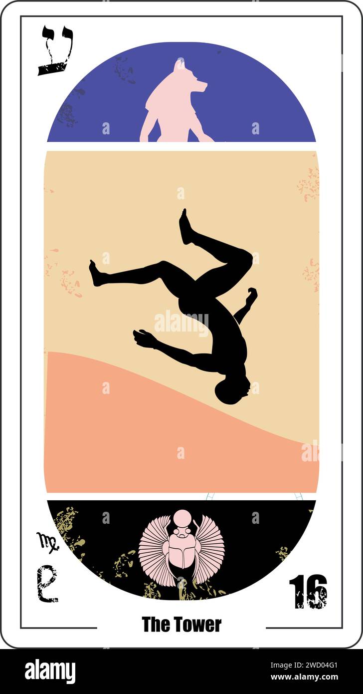 Ägyptische Tarotkarte Nummer 16, genannt Turm. Silhouette eines herabfallenden Menschen. Stock Vektor