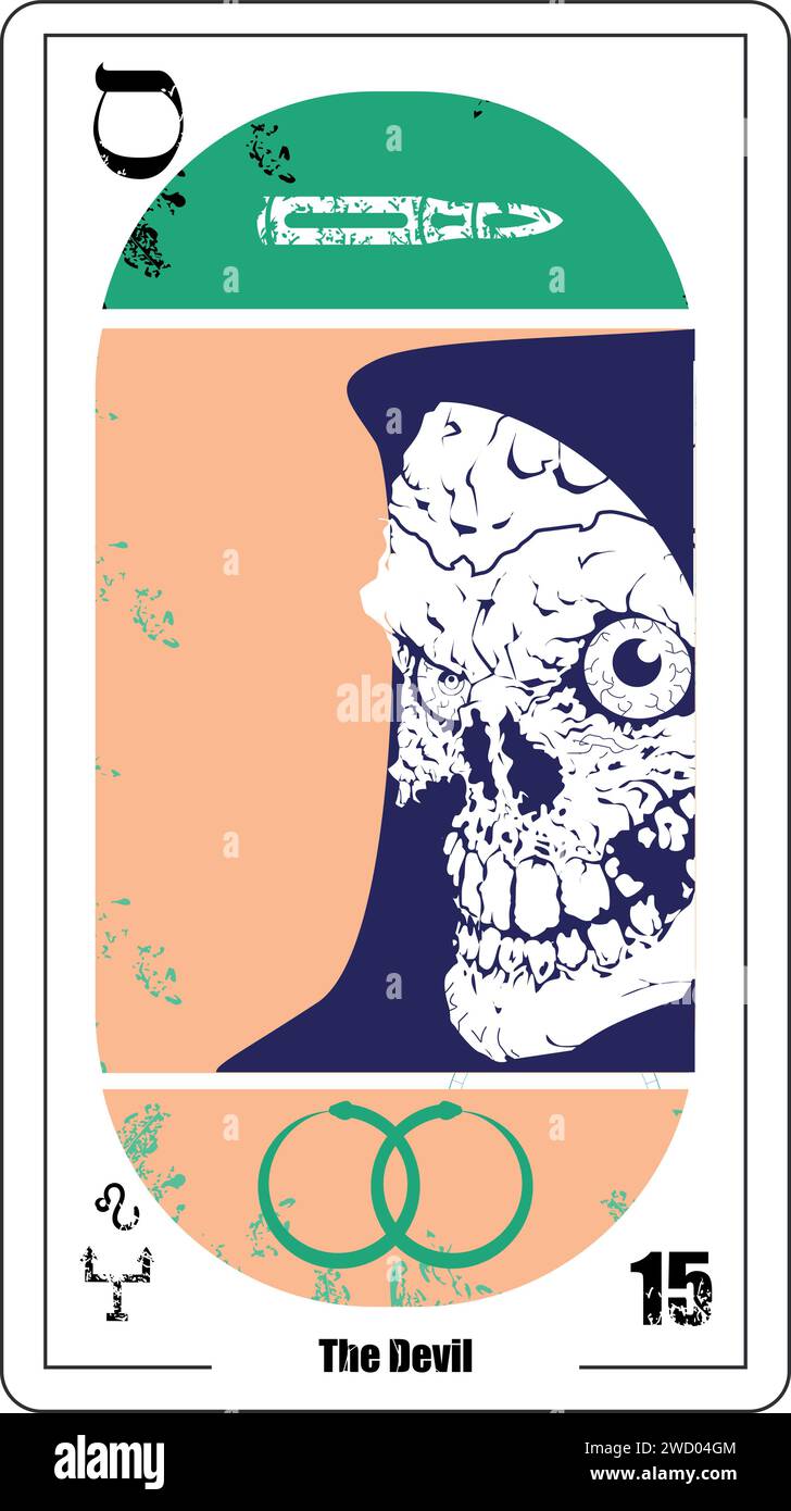Ägyptische Tarotkarte namens Teufel. Nahaufnahme des Schädels mit blauer Kapuze. Stock Vektor