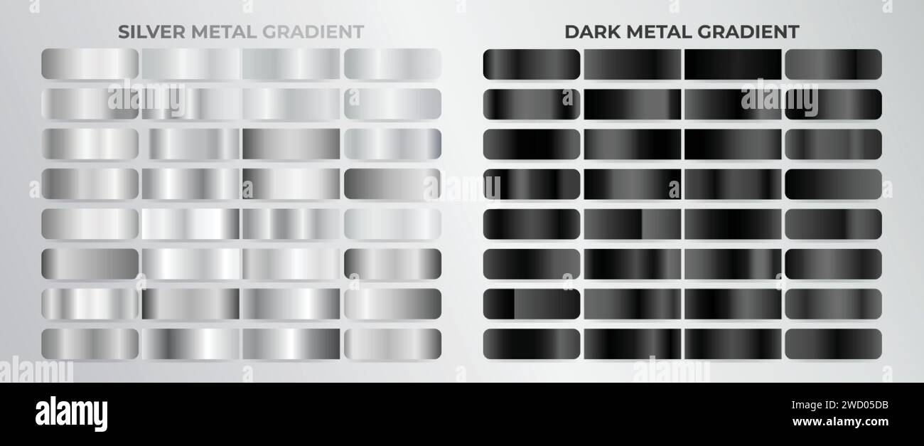 Schwarz und Silber Verlaufsset, verschiedene glänzende silbrige und dunkle Muster. Hintergrund mit silberner und schwarzer Texturabstufung. Stock Vektor