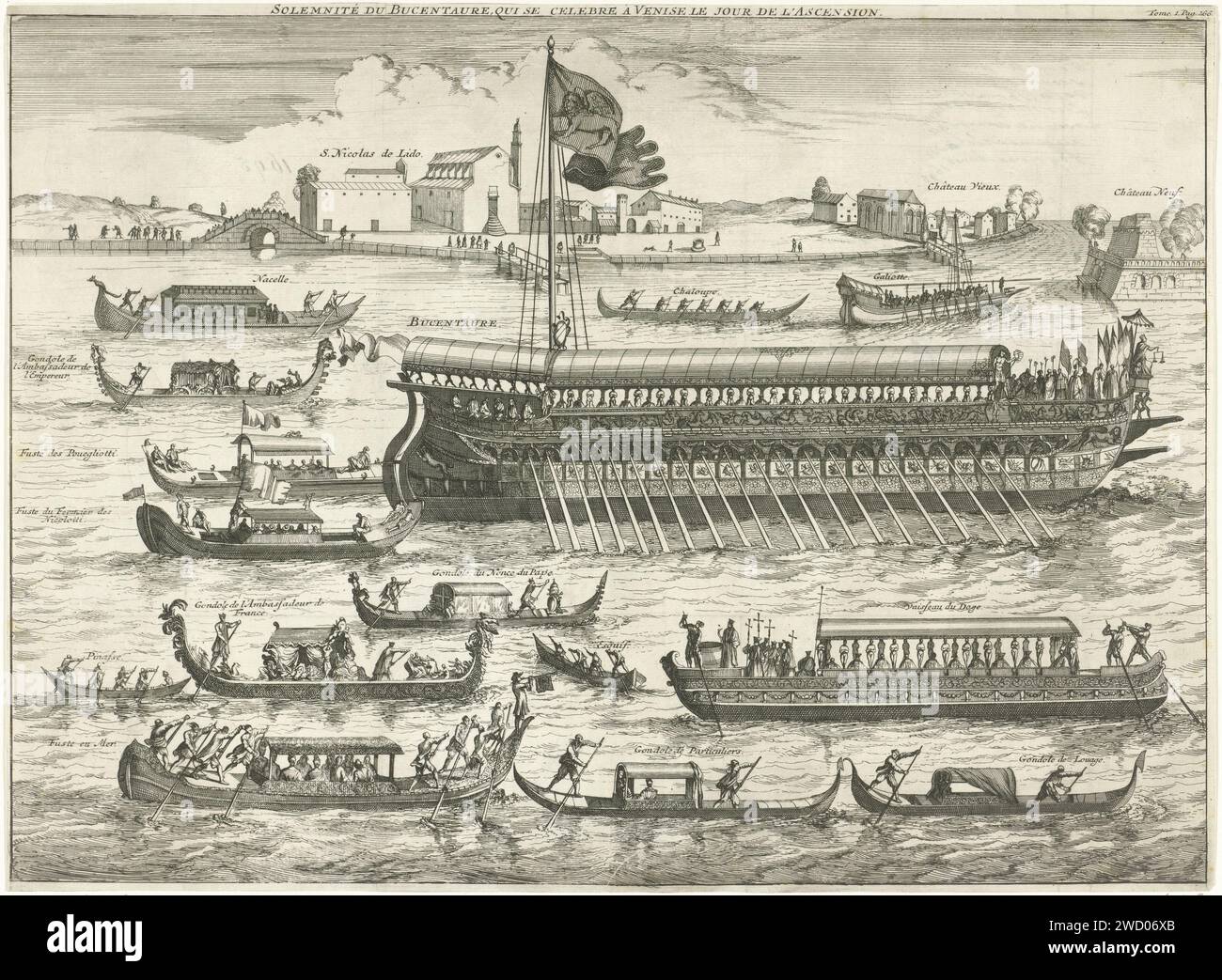 BUCENURUS umgeben von 14 Gondeln, Caspar Luyken, 1695 Druck oben rechts markiert: Tomé. I. S. 266. Amsterdam Papierätzung Trireme, Galley. Gondelbahn Venedig. Lido Stockfoto