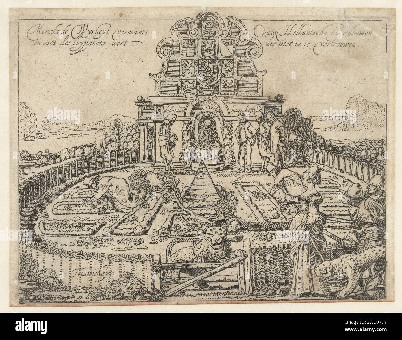 Allegory über die Unzuverlässigkeit Spaniens und die Freiheit und das Wohlergehen der sieben Provinzen: Der niederländische Garten, Willem Pietersz Buytewech, 1615 Druck Allegory über die Unzuverlässigkeit Spaniens und die Freiheit und den Wohlstand der sieben Provinzen präsentiert mit dem niederländischen Garten. Drucke für die Merckt de Weijsheyt Vermaert Vandt Hollantsche Huyshouwen und Siet des Luypaerts Aert, denen man nicht trauen kann Stockfoto