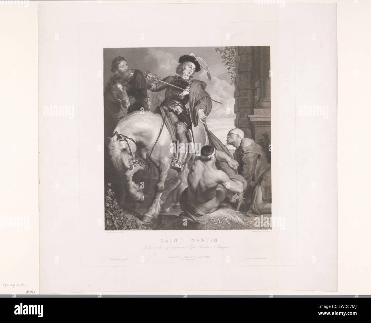 H. Martinus zu Pferd, sein Mantel in zwei Schnitten, Joseph Franck, nach Anthony Van Dyck, 1873 Druckgraphiker: Belgiumpublisher: New York (City) Papierätzung / Gravur St. Martin teilt seinen Mantel (d.h. die Wohltätigkeit der St.) Martin): Er wird normalerweise zu Pferd gezeigt, schneidet seinen Mantel mit seinem Schwert ab oder legt einen Teil des Mantels um die Schultern eines Bettlers, der neben ihm kniet Stockfoto
