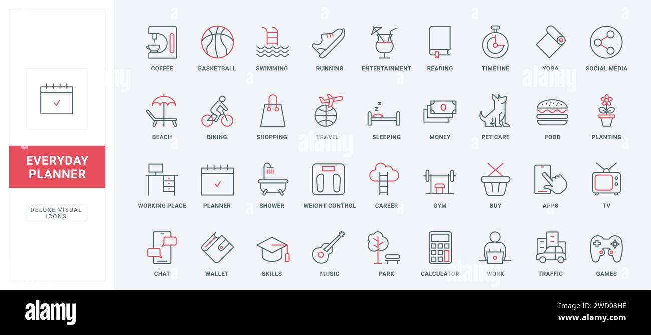 Symbole für die tägliche Lebenslinie festgelegt. Planer für Geschäfts- oder Reisetage, Essen und Einkaufen mit mobiler App, Sport im Fitnessstudio und bei Spielen, Lifestyle Planung dünne schwarze und rote Umrisssymbole, Vektorillustration Stock Vektor