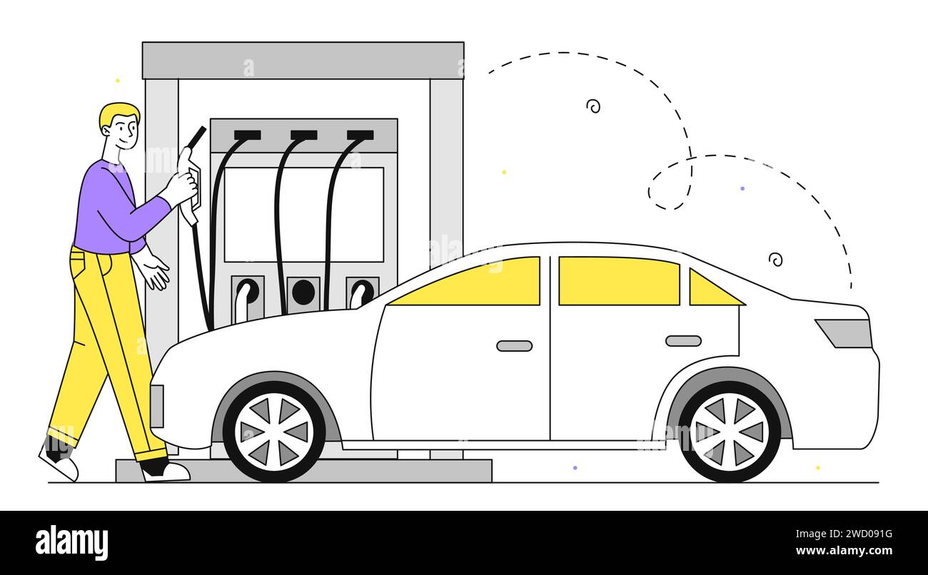 Mann an Tankstelle Vektor-lineares Konzept Stock Vektor