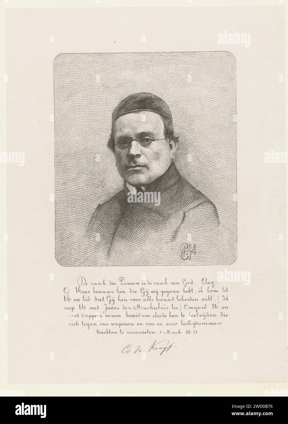 Porträt von C. B. de Kruyf, Petrus Johannes Arendzen, 1856–1874 Druckbüste von C. B. de Kruyf, katholischem Priester in Amsterdam. Unter dem Porträt eine Bibel mit 7 Zeilen aus 1 Machsche. 3, 58 und ein Faksimile seiner Unterschrift. Niederlande . Gravur/Ätzen Stockfoto