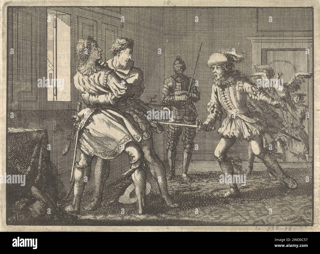 Mordanschlag durch die Gräber Gaurie auf Jacob VI., König von Schottland, 1600, Jan Luyken, 1698 Druckerei: Amsterdampublisher: Leiden Papierätzung / Buchdruckversuch, politischer Mord Stockfoto