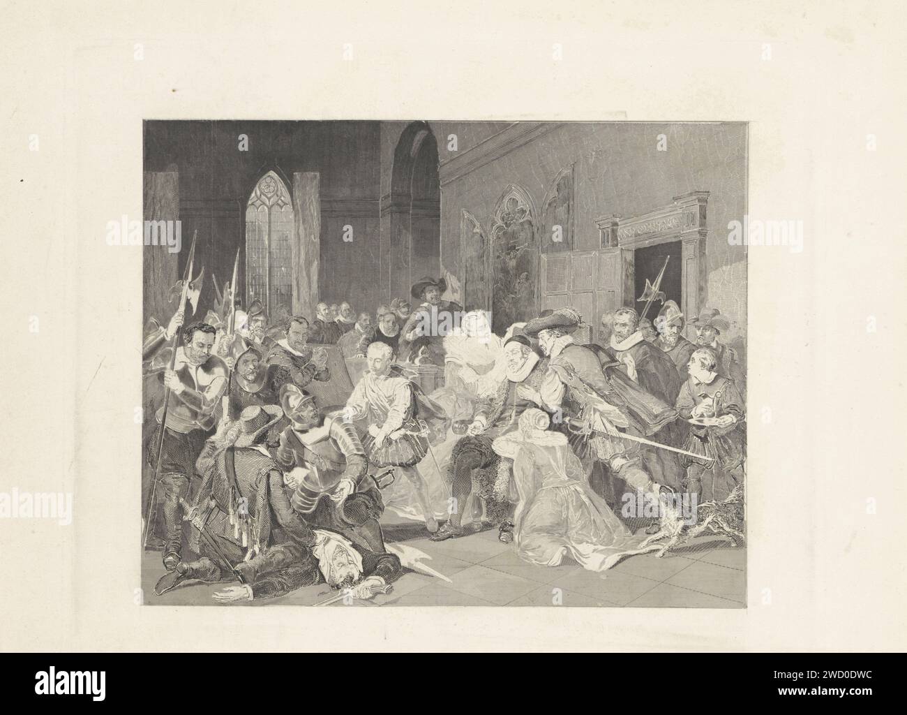 Angriff von Jean de Jauregui auf Prinz Wilhelm I., 18. März 1582, Johann Wilhelm Kaiser I., nach Nicolaas Pieneman, 1853 Druck Jean de Jauregui Angriff auf Prinz Wilhelm I., 18. März 1582 in Antwerpen. Innenraum mit dem Prinzen, der in einem Stuhl verletzt wird, mit Familie und anderen um sie herum. Links auf dem Boden ist die Leiche des getöteten Jean de Jauregui. Maurits bittet die Soldaten, ihn zu untersuchen. Amsterdamer Papierätzung / Gravurerholung, Rekonvaleszenz des Kranken Antwerpen Stockfoto