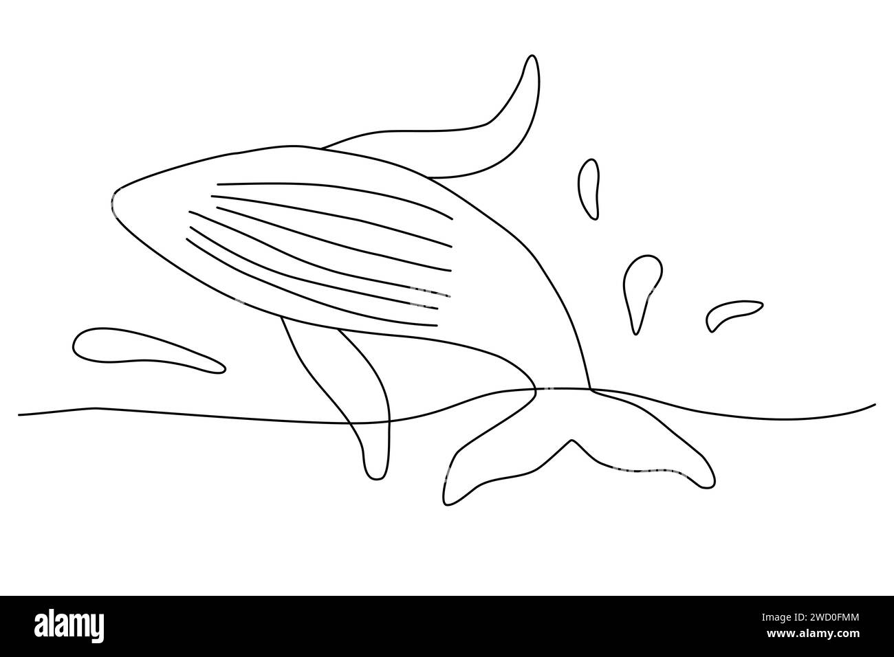 Wal springt aus dem Wasser mit Spritzern, Doodle-Stil flache Vektor-Umrissillustration für Kinder Malbuch Stock Vektor