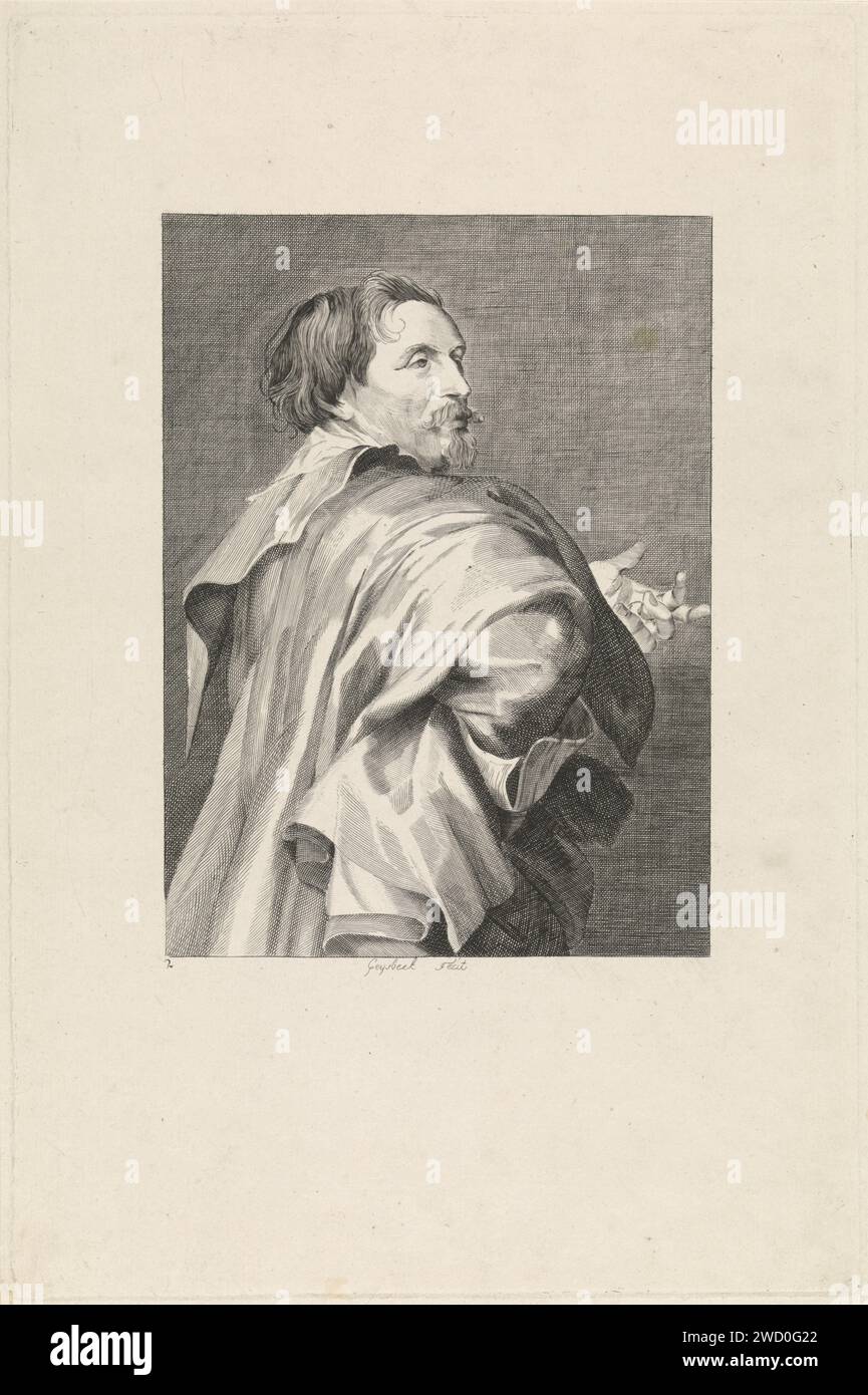 Porträt Theodoor Rombouts, Frederik Nicolaas Horatius Witsen Geysbeek, nach Paulus Pontius, nach Anthony Van Dyck, 1820–1874 Druck Porträt des Antwerpener Malers Theodoor Rombouts. Direkt im Profil mit dem Arm an der Seite. Antwerpener Papiergravur Stockfoto