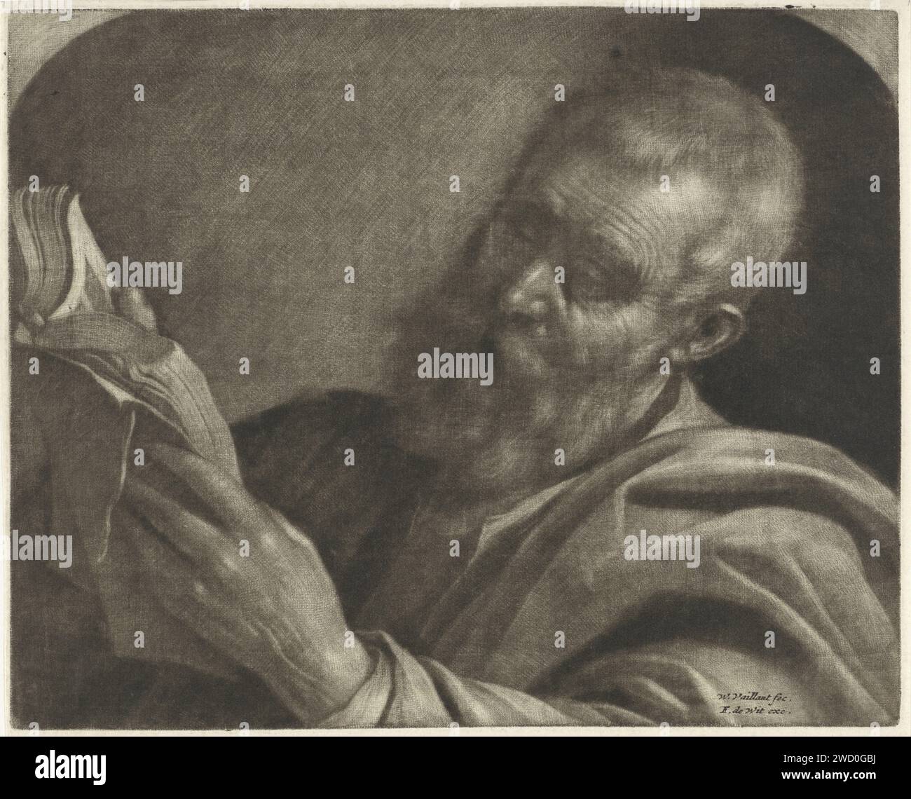 Reading man, Wallerant Vaillant, 1658 - 1706 gedrucktes Amsterdamer Papierbuch. Messwert Stockfoto