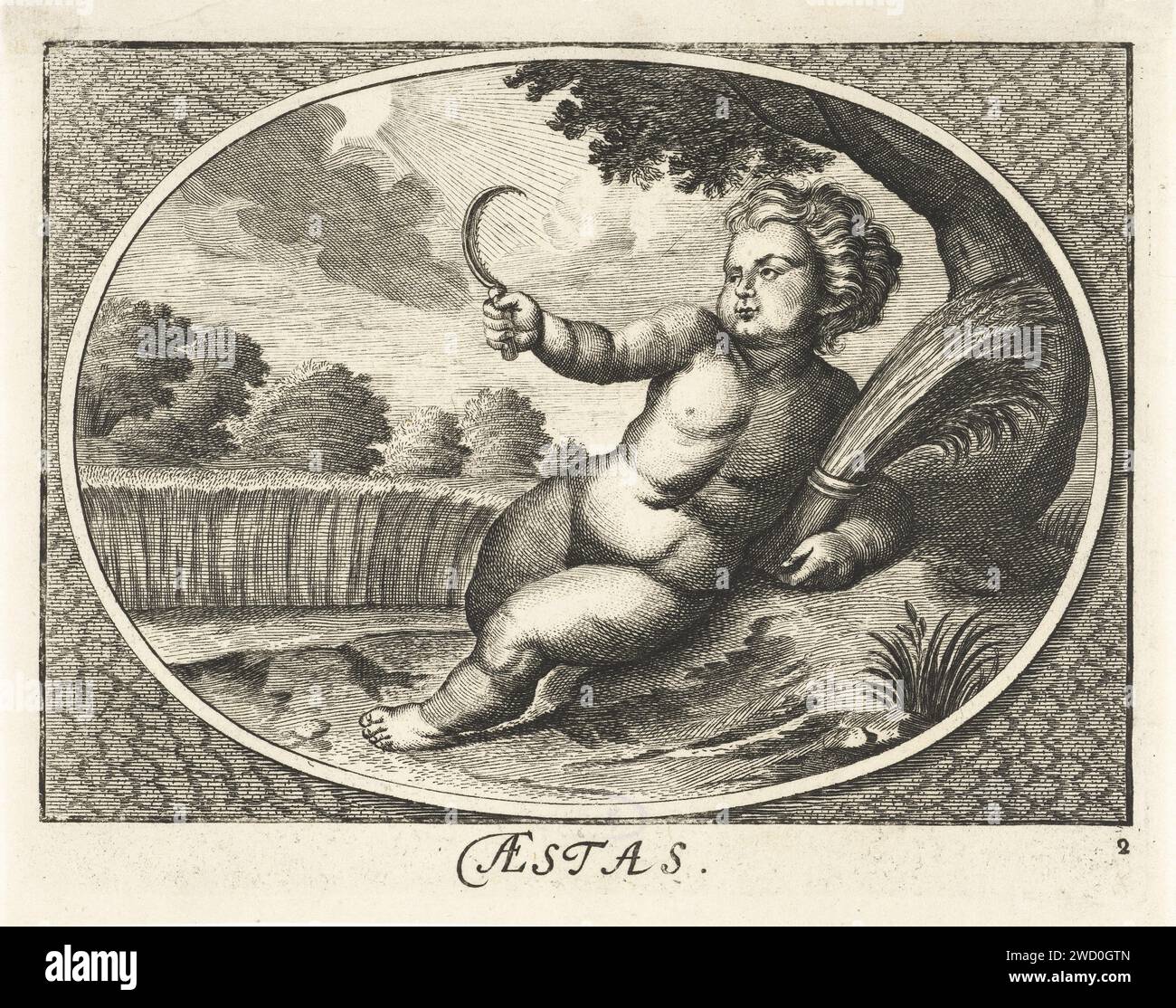 Sommer in Form eines Kindes mit Sense und Maisgarbe bei Korenveld, Anonym, nach Cornelis van Dalen (II), 1735 - 1750 Druckpapier Ätzen / Gravur Sommer, 'Sommer'; 'Nachlass' (Ripa) Stockfoto