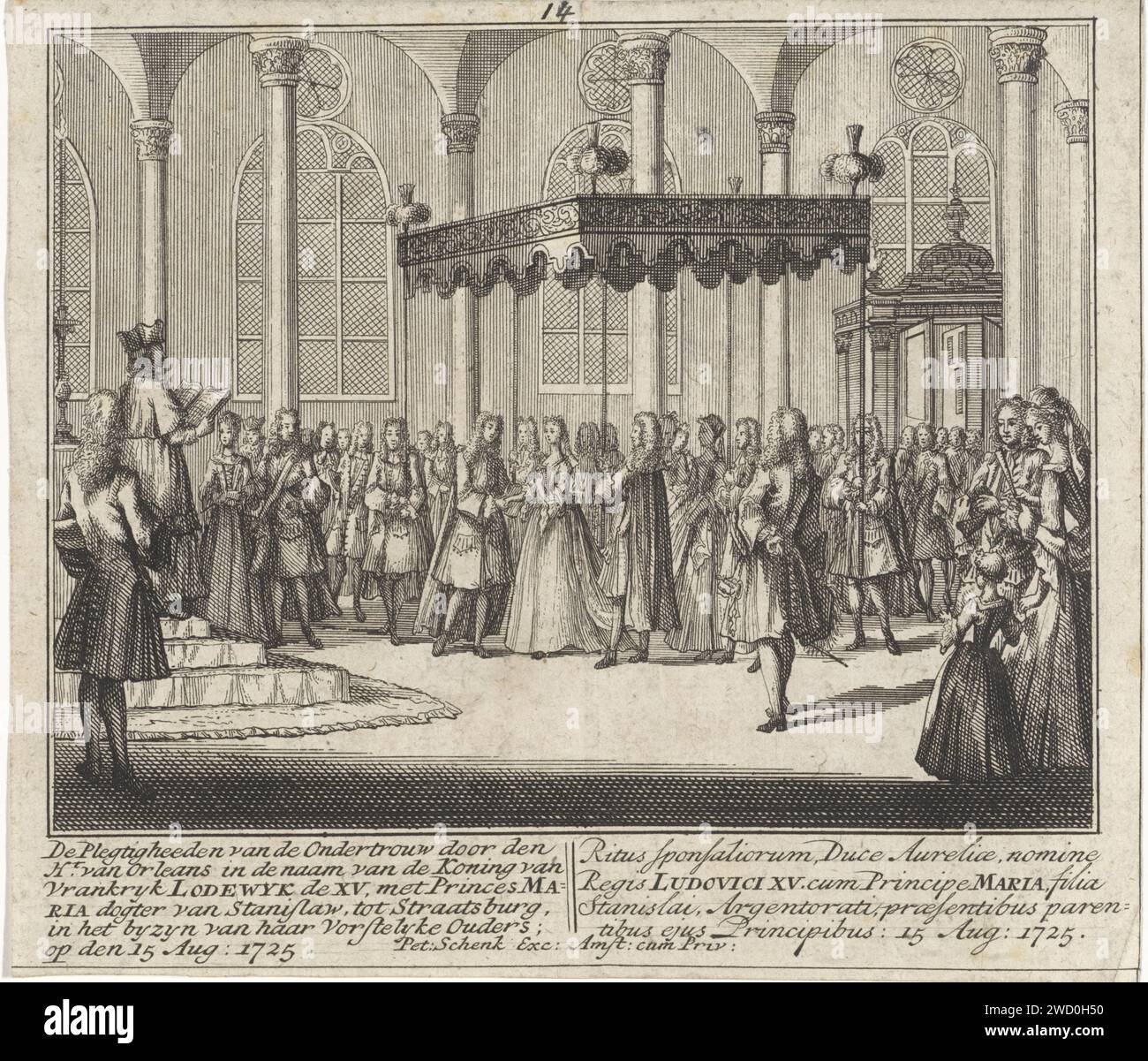 Die Heiratserklärung von Lodewijk XV. Und Maria Lesczinska, Leonard Schenk, nach Adolf van der Laan, Druck 1727 Maria Lesczinska und der Herzog von Orléans als Stellvertreter Ludwigs XV. Befinden sich unter einem Baldachin in einer Kirche. Sie sind dabei, die Ehe anzukündigen. Radfahren beobachten. Unten links ein sechszeiliger Text auf Niederländisch mit einer Erläuterung der Darbietung und rechts eine ähnliche vierzeilige Erklärung auf Lateinisch. Amsterdam Papierätzung standesamtliche Trauung (+ Variante) Stockfoto