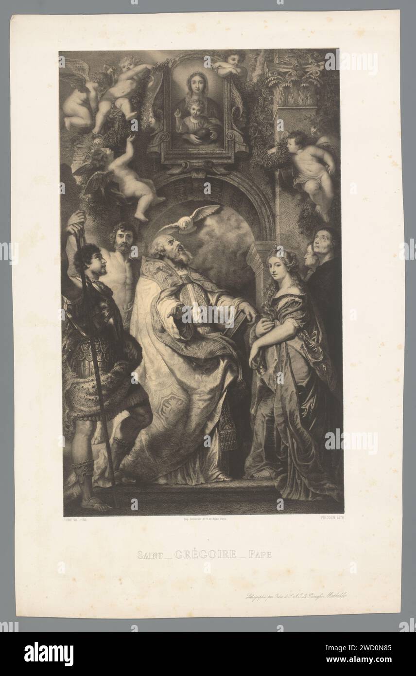 Der Heilige Gregorius, umgeben von anderen Heiligen, ehrt die Madonna della Vallicella, Eugène Louis Pirodon, nach Peter Paul Rubens, 1862 gedrucktes Pariser Papier. papst. heilige. engel als Kind(er) dargestellt Stockfoto