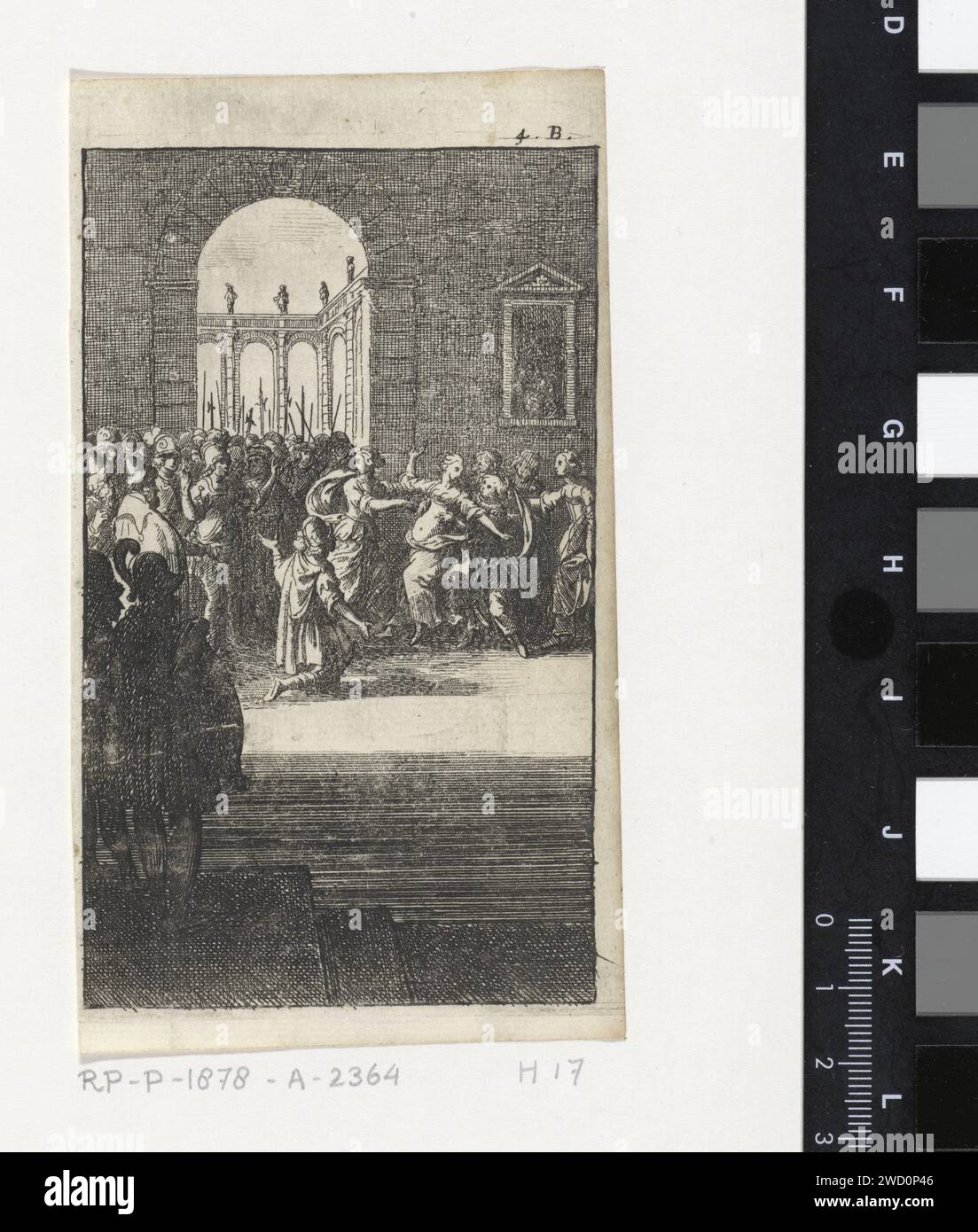 Der Soldat kniet für eine Frau, Abraham Dircksz. Santvoort, 1666 Abdruck in einem großen Raum, ein Soldat kniet für eine Frau, die ohnmächtig zu werden scheint. Andere Frauen schauen sich schnell an. Hinter dem knienden Soldaten befindet sich eine Armee. Rechts oben: 4. B. Druckerei: Niederlande Amsterdam Papier ätzend Privatsoldat. Erwachsene Frau. Ohnmacht, Geschwür. Kniende Figur Stockfoto