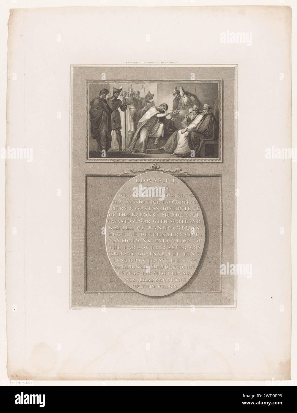König Eduard II. Von England steht seine Krone, Luigi Schiavonetti, nach Henry Tresham, 1797 Druck oben: König Eduard II. Von England, der seine Krone verlässt. Rechts ein Erzbischof und drei sitzende Herren. Links ein Ritter und andere Schaufiguren. Unter: 15 Zeilen englischer Text in einem Oval. Londoner Papier-Gravurkrone (Symbol der Souveränität). ritter. erzbischof, Bischof usw. (Römisch-Katholisch) Stockfoto