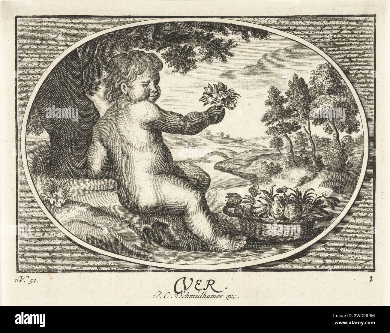 Frühling in Form eines Kindes mit Korb mit Blumen in der Landschaft in Ovaal, Anonym, nach Cornelis van Dalen (II), 1735 - 1750 Druckpapier Radierung / Gravur Frühling, 'Ver'; 'Primavera' (Ripa) Stockfoto