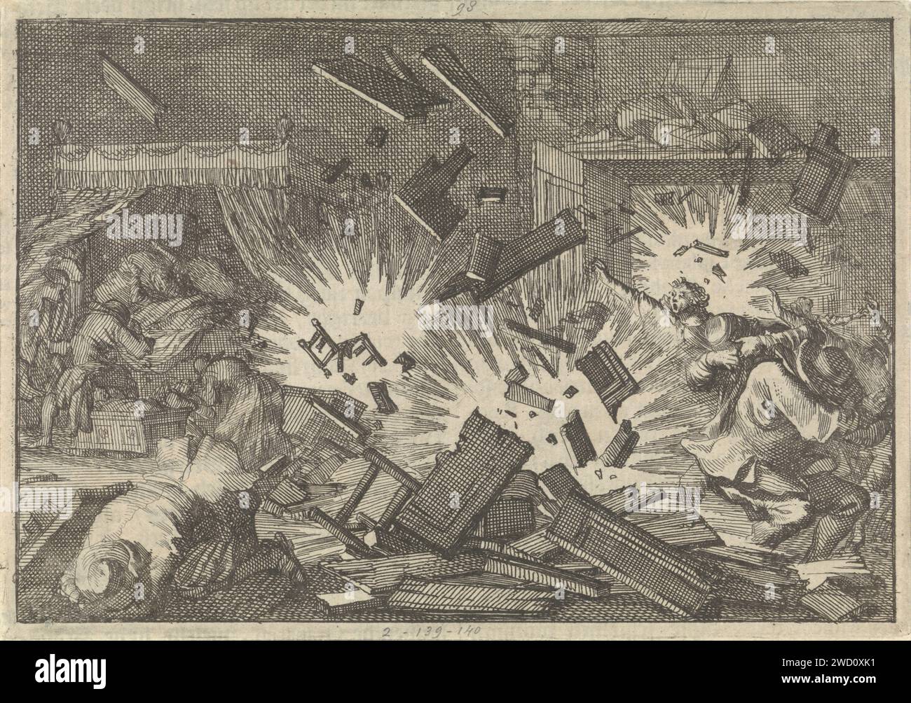 Während der Belagerung von Riga explodiert eine Bombe in einem Haus, 1656, Caspar Luyken, 1698 Druckerei: Amsterdampublisher: Leiden Papierätzung / Buchdruck Schießpulverkatastrophe. Das Innere des Hauses. Belagerung Riga Stockfoto