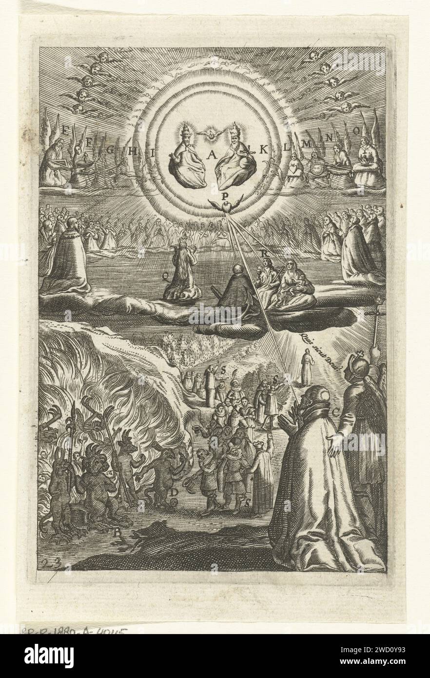 Emblem mit dem Menschen, der entscheiden muss, ob er Gott oder dem Teufel, Anonym, nach Boëtius Adamsz dienen wird. Bolswert, nach Hendrik Aertssens (II), 1623 Druck ein Engel zeigt einen knienden Mann zwei Optionen. Indem er in Tugend lebt, kann er Gott dienen. Die heilige dreifaltigkeit trennt sich im Himmel mit Engelschören. Seine andere Option ist, in Sünde zu leben und so dem Teufel zu dienen. Der Teufel wie Luzifer ist für das Fegefeuer. Antwerpener Papier mit Gravur der Heiligen Dreifaltigkeit, 'Trinitas coelestis'; Vater, Sohn und Heiliger Geist  christliche Religion. Teufel und Dämonen. Das Leben des Menschen Stockfoto