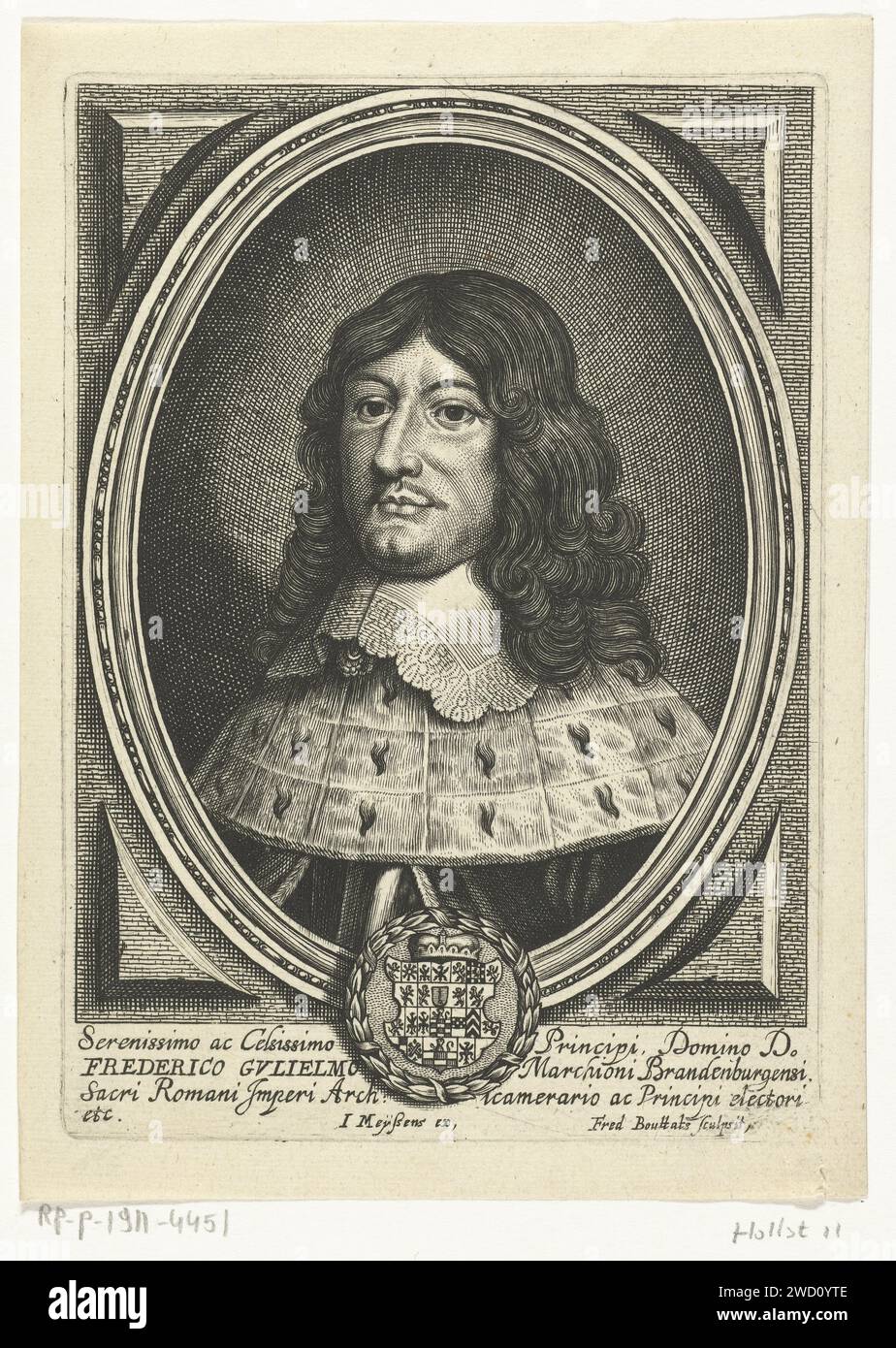 Porträt von Frederik Willem van Brandenburg, Frederik Bouttats (I), 1640–1676 gedrucktes Porträt in einer ovalen Liste von Kurfürst Frederik Willem van Brandenburg, auch als Grote Kurfürst bezeichnet. Büste nach links. Frederik Willem trägt einen Hermelinmantel. Der Druck enthält eine italienische Beschriftung mit dem Namen der dargestellten Person. Antwerpener Papiergravur Stockfoto