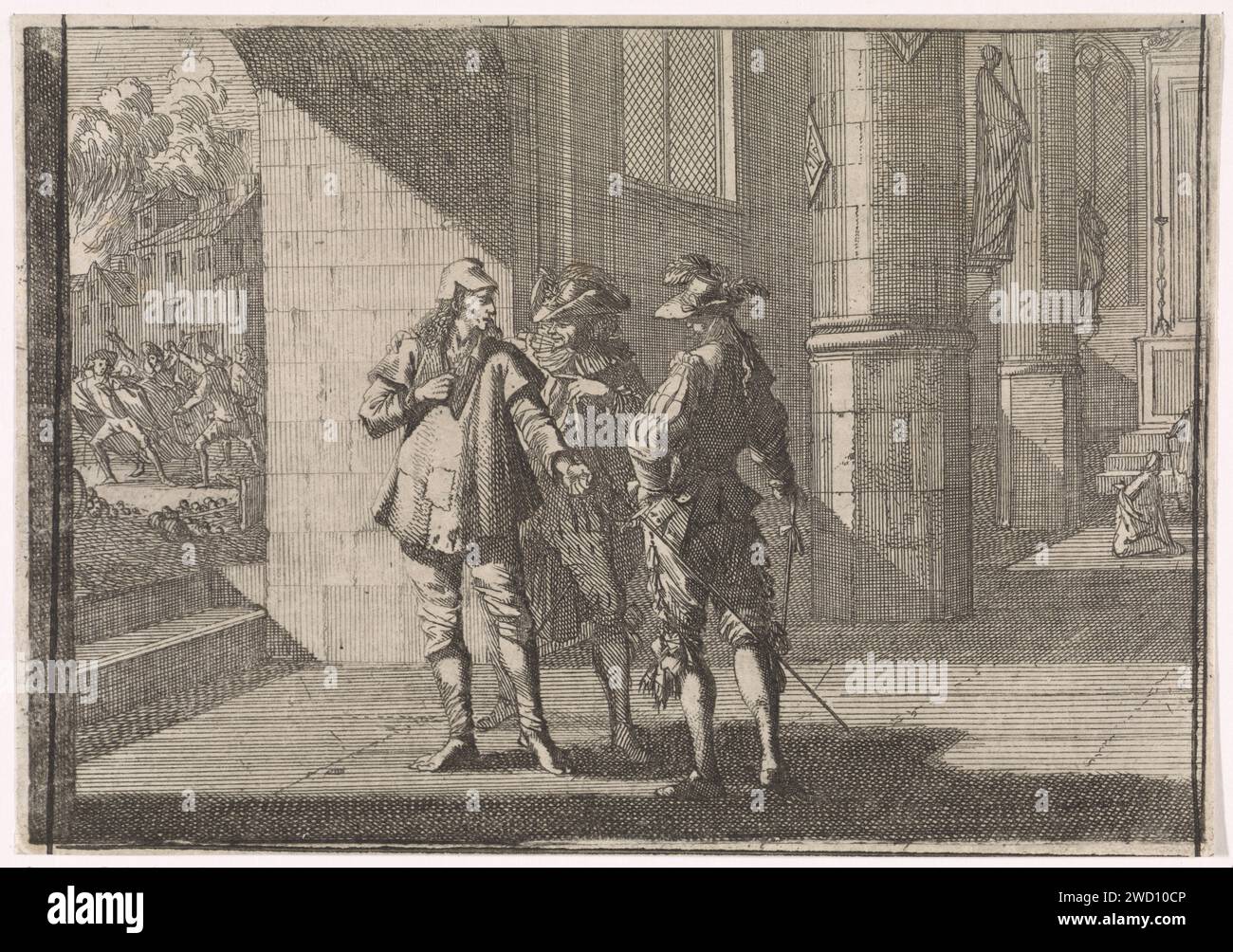 Masaniello spricht mit zwei Adligen in einer Kirche, 1647, Caspar Luyken (zugeschrieben), 1701 Druck Masaniello, ein Fischer, der der Anführer der napolitischen Revolte gegen die spanischen Habsburger war, spricht mit zwei Adligen in einer Kirche. Im Hintergrund die Aufständischen von Neapel. Frankfurt am Main Papierätzung / Buchdruck Menge, Mob Neapel Stockfoto