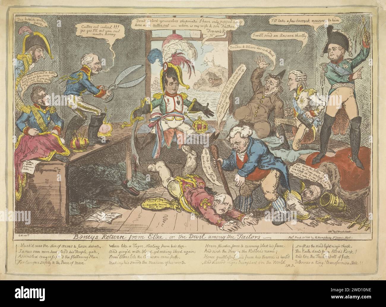 Napoleons Rückkehr von Elba, 1815, George Cuikshank, nach George Humphrey, 1815 Print Cartoon on the return of Napoleon from his Exil to Elba, März 1815. Napoleon stört die Prinzen Europas, die in einem Bekleidungsstudio arbeiten (um Europa in Stücke zu schneiden). König Ludwig XVIII. Und Papst Pius VII. Stehen auf dem Boden, Johannes Bull steht dazwischen. Auf der rechten Seite ist der Hollander schockiert (König Wilhelm I. könnte hier gemeint sein). Hier auch der österreichische Kaiser Frans II. Und der russische Zar Alexander I. Links auf dem Schneidertisch der preußische General Blücher und König Frederik Willem III. Und der Stockfoto
