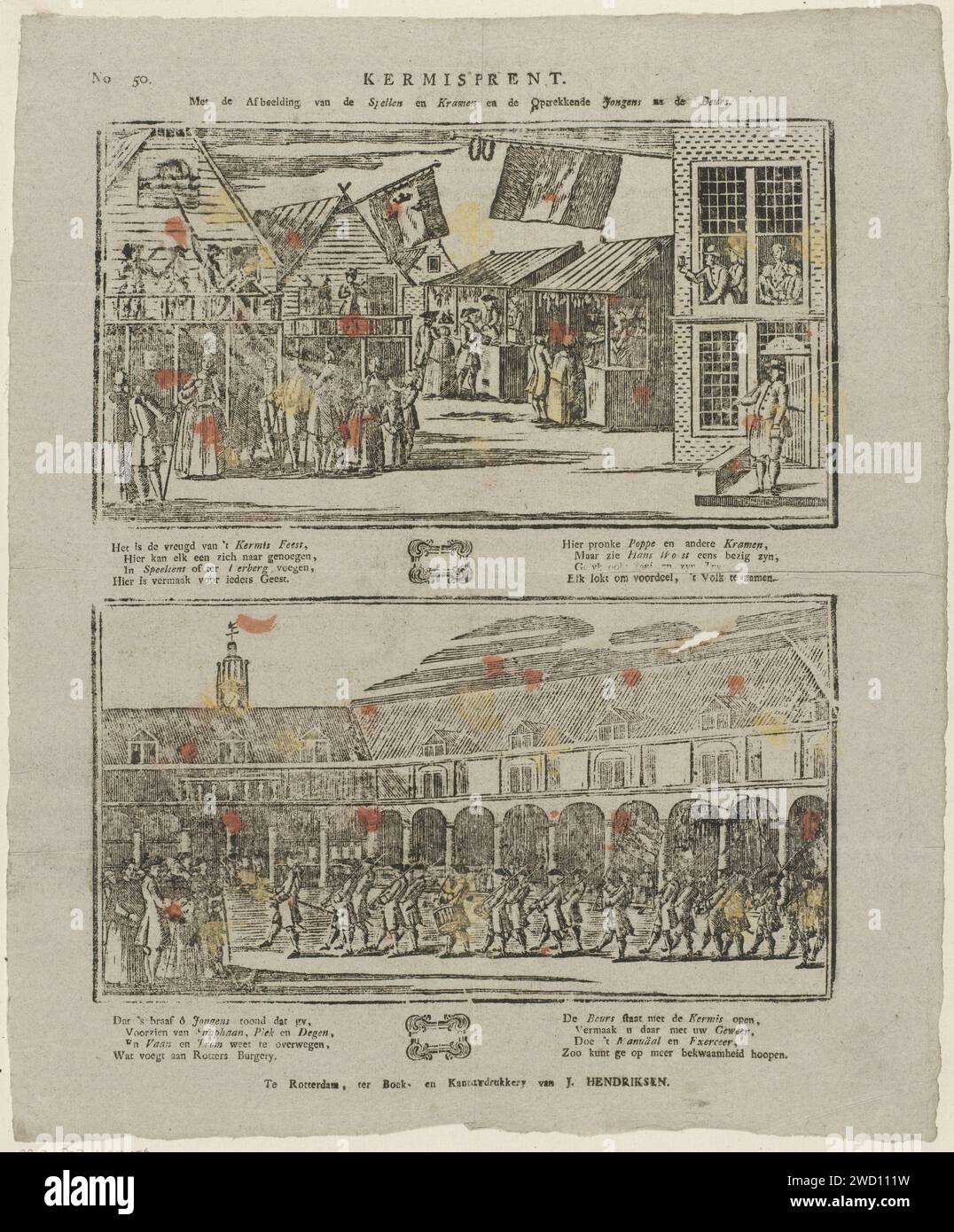 KermisStrent / mit dem Bild der Spiele und Stände und der Rising Boys nach der Ausstellung, Jan Hendriksen, 1781 - 1828 Print Blatt mit 2 Shows. Oben: Spielstände und ein gasthaus. Unten: Soldaten auf einem Quadrat. Unter jedem Bild eine achtzeilige Verse in zwei Spalten. Oben links nummeriert: Nr. 50. Rotterdam Papier Buchdruck Amusement. Vergnügungsmarkt und Zirkus. Militärparade, Festspiele Stockfoto