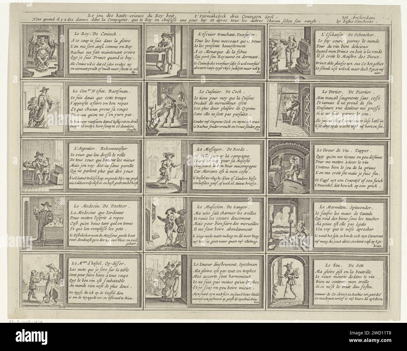 Driekoningen Games, Experiens Sillemans, 1645 - 1701 Print mit 15 verschiedenen Bildern eines Berufs oder Typs (König, Mathematiker, Koch, Vorschneider ...), jeweils mit begleitenden humorvollen Versen in Französisch und Niederländisch. Unter dem Titel eine zusätzliche Spielregel für den Fall, dass Damen am Spiel teilnehmen. Amsterdamer Papierstich-Herrscher, Herrscher. Berater. Buchhaltung, Buchhalter. Arzt, Arzt. Dinner-Service. Schneiden von Fleisch. Kochen. messenger. Männlicher Sänger - CC - draußen. Eine Person, die Streichinstrument spielt (gebeugt). Ausgießen. Hauswächter, Türhüter, Hausmeister. Küchenmädchen, Küchendiener. S Stockfoto