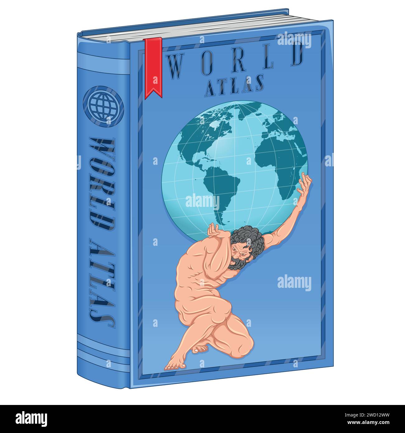Vektor-Design Atlas Buch der Weltkarten, griechische Mythologie titan hält die Erdkugel Stock Vektor