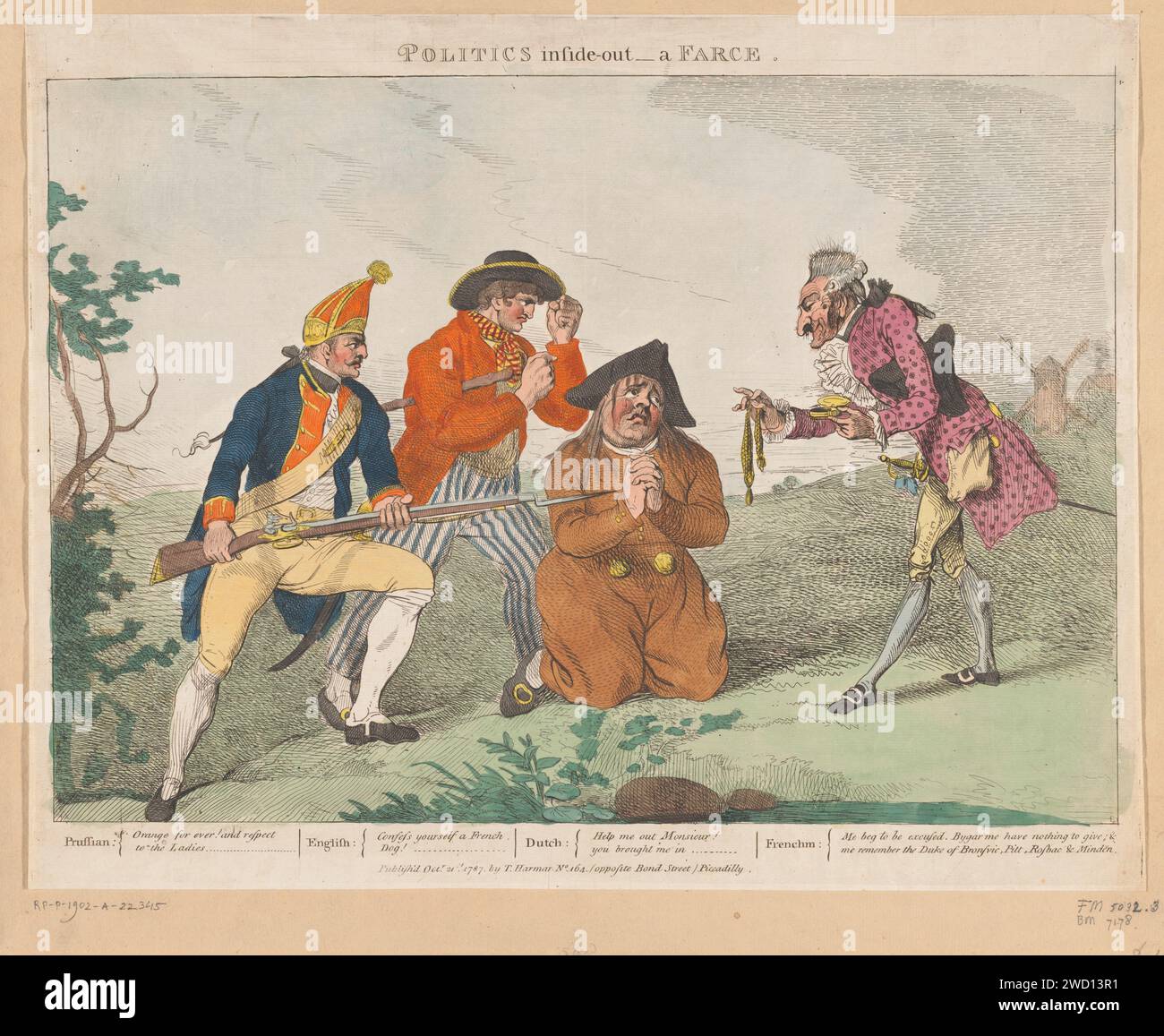 Eine politische Farce, Johann Heinrich Ramberg, 1787 Ein niederländischer Patriot kniet auf dem Boden und bittet einen Franzosen um Hilfe. Der Franzose zeigt ihm jedoch seine leere Börse verächtlich. Links ein preußischer Soldat und ein englischer Seemann. In der Beschriftung die Texte der vier Hauptzeichen. Teil einer Gruppe von vier Karikaturen über die Patrioten zur Zeit der preußischen Invasion im Oktober 1787. Die Originalfassung mit englischen Inschriften wurde in London ausgestellt. Siehe auch den Anhänger und die entsprechenden Cartoons. Printmacher: Englandpublisher: London Paper Etching the Niederlagen (After the Stockfoto