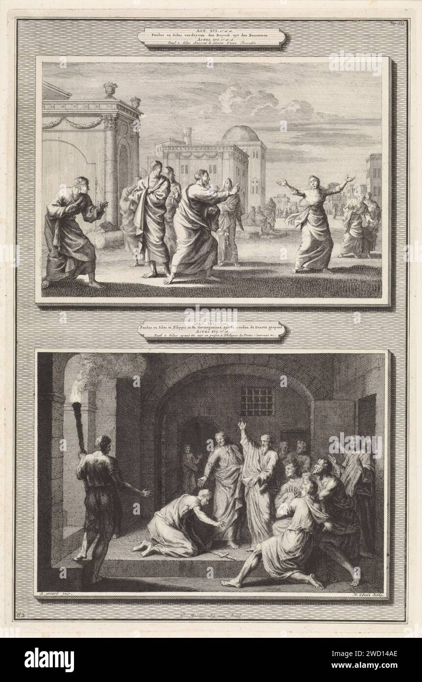 Paul's heilt eine besessene Frau und die Bekehrung des Gefangenen von Filippi, Jan Luyken, 1700 drucken zwei Aufführungen auf einem Teller. Eine besessene Frau, die Paul und Silas verfolgt, wird von Paul angesprochen. Im Namen Christi befiehlt er dem Geist, den Leib der Frau in ihr zu verlassen. Paul und Silas und ihre Mitgefangenen werden durch ein Erdbeben aus dem Gefängnis befreit. Der Gefängniswärter, der sieht, dass alle Türen geöffnet sind, will mit seinem Schwert Selbstmord begehen, aber Paulus und Silas halten ihn davon fern. Paulus bereut den Gefangenen. Paul und Silas lehren das Wort Gottes Stockfoto
