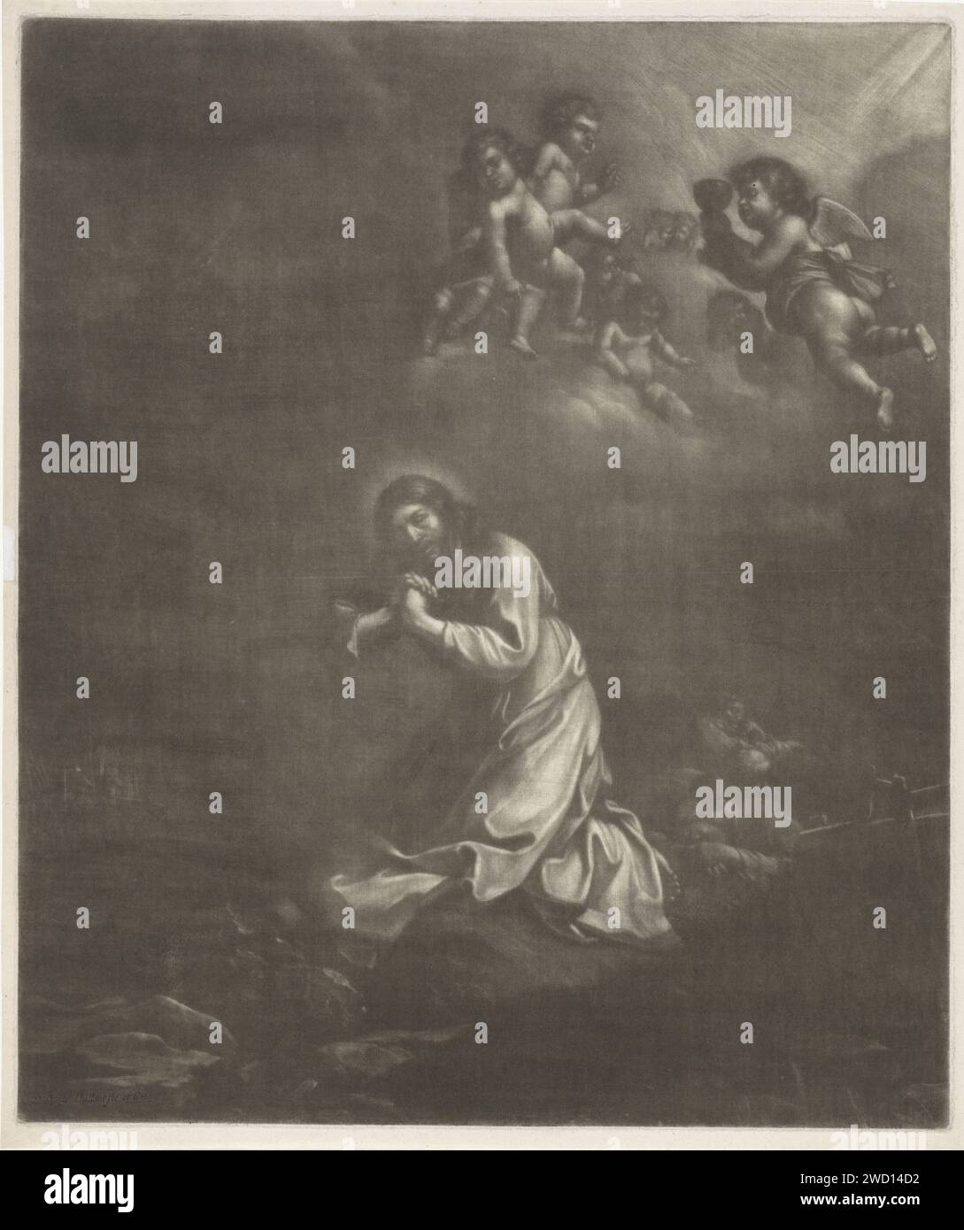 Christus im Hof van Getsemane, Wallerant Vaillant, nach Cornelis van Poelenburch, 1658–1677 Druck Christus betet zu Gott am Hof von Getsemane. Am Wolkenhimmel eine Gruppe von Engeln, von denen einer eine schlechte Herausforderung hat. Drei Studenten Peter, James und Johannes sind im Hintergrund. Das Gebet Christi in der Nacht im Garten Gethsemane. Qual Christi; drei (oder elf) Apostel schlafen Stockfoto Christus im Hof van Getsemane, Wallerant Vaillant, nach Cornelis van Poelenburch, 1658–1677 Druck Christus betet zu Gott am Hof von Getsemane. Am Wolkenhimmel eine Gruppe von Engeln, von denen einer eine schlechte Herausforderung hat. Drei Studenten Peter, James und Johannes sind im Hintergrund. Das Gebet Christi in der Nacht im Garten Gethsemane. Qual Christi; drei (oder elf) Apostel schlafen Stockfoto