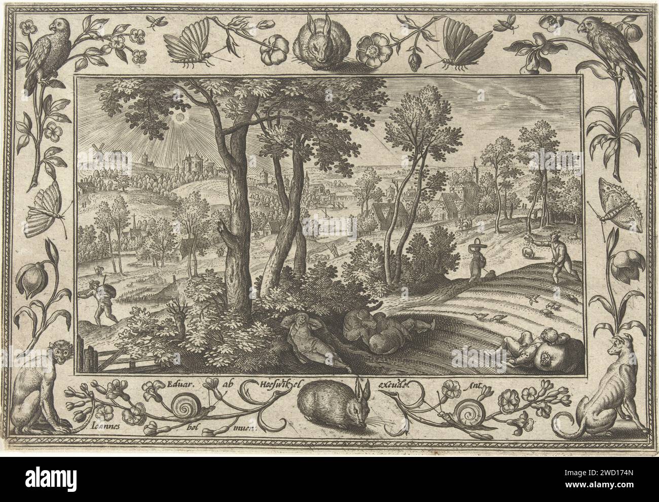 Unkräuter unter dem Weizen, Adriaen Collaert, nach Hans Bol, 1582–1586 Druck Landschaft mit Akker und die Darstellung des Gleichnisses Christi über die Unkräuter zwischen den Weizen. Manche Bauern schlafen im Vordergrund. In der Zwischenzeit sät der Teufel Unkraut zwischen das Getreide. Der Druck enthält eine dekorative Liste von Blumen und Tieren. Er ist Teil einer vierbeinigen Serie von Landschaften mit biblischen, mythologischen Szenen und Jagdszenen. Antwerpener Papierstich während der Sämann und seine Diener schliefen, säte sein Feind (der Teufel) zwischen den Weizen ein. Bewirtschaftetes Land. Blumen  Ornament. Dekorativ Stockfoto