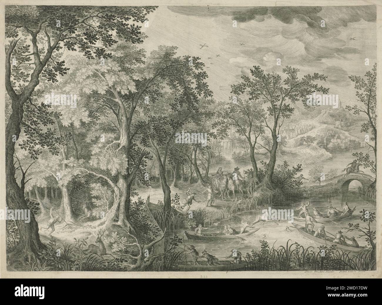 Hertenjacht, Jan van Londerseel, nach David Vinckboons, 1580–1625 Print Deer Show in einer bewaldeten Landschaft. Drei Boote umgeben einen Hirsch, der ins Wasser gesprungen ist. Die Figuren beobachten am Wasser. Links im Vordergrund hat ein Jäger mit einem Speer einen zweiten Hirsch. Ein drittes Hirsch ist in einem Sturz dahinter gelaufen. Papierstich Hirschjagd. Wald, Holz Stockfoto