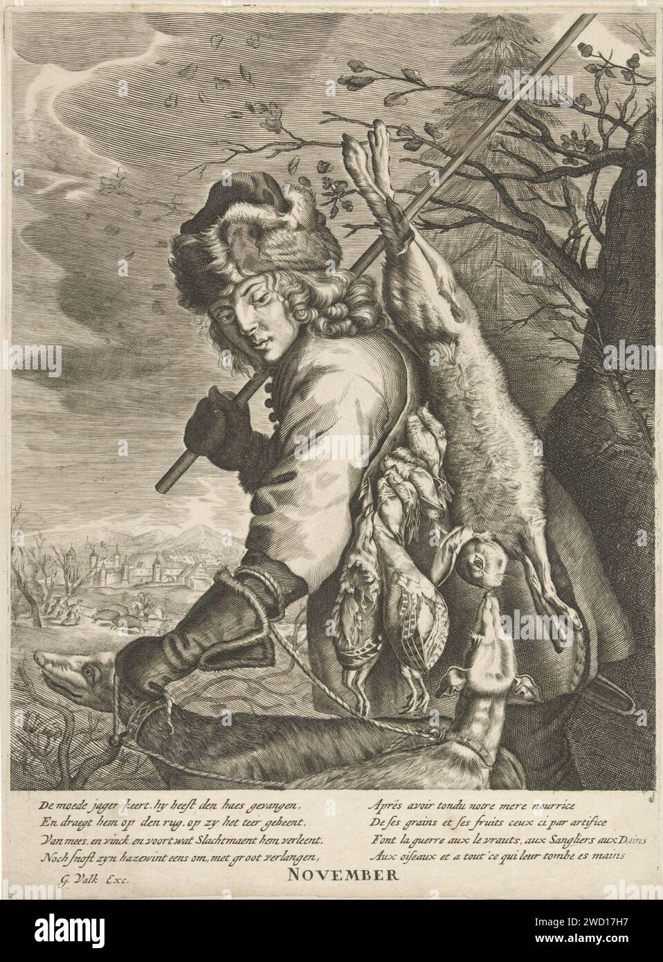 November: Ein Jäger mit seiner Beute, Anonym, nach Reinier van Persijn, nach Joachim von Sandrart (I), 1670–1726 drucken der Monat November: Winterlandschaft mit einem Jäger, der seine Beute auf dem Rücken trägt. Im Hintergrund eine Wildschweinjagd. Oben links der Schilderbogen. Unter der Show ein Gedicht in Niederländisch von Joost van den Vondel und ein Vers in französischer Sprache. Amsterdamer Papierstich November und seine "Arbeiten" (+ mit Sternzeichen). Wildschweinjagd. Rückkehr von der Jagd Stockfoto