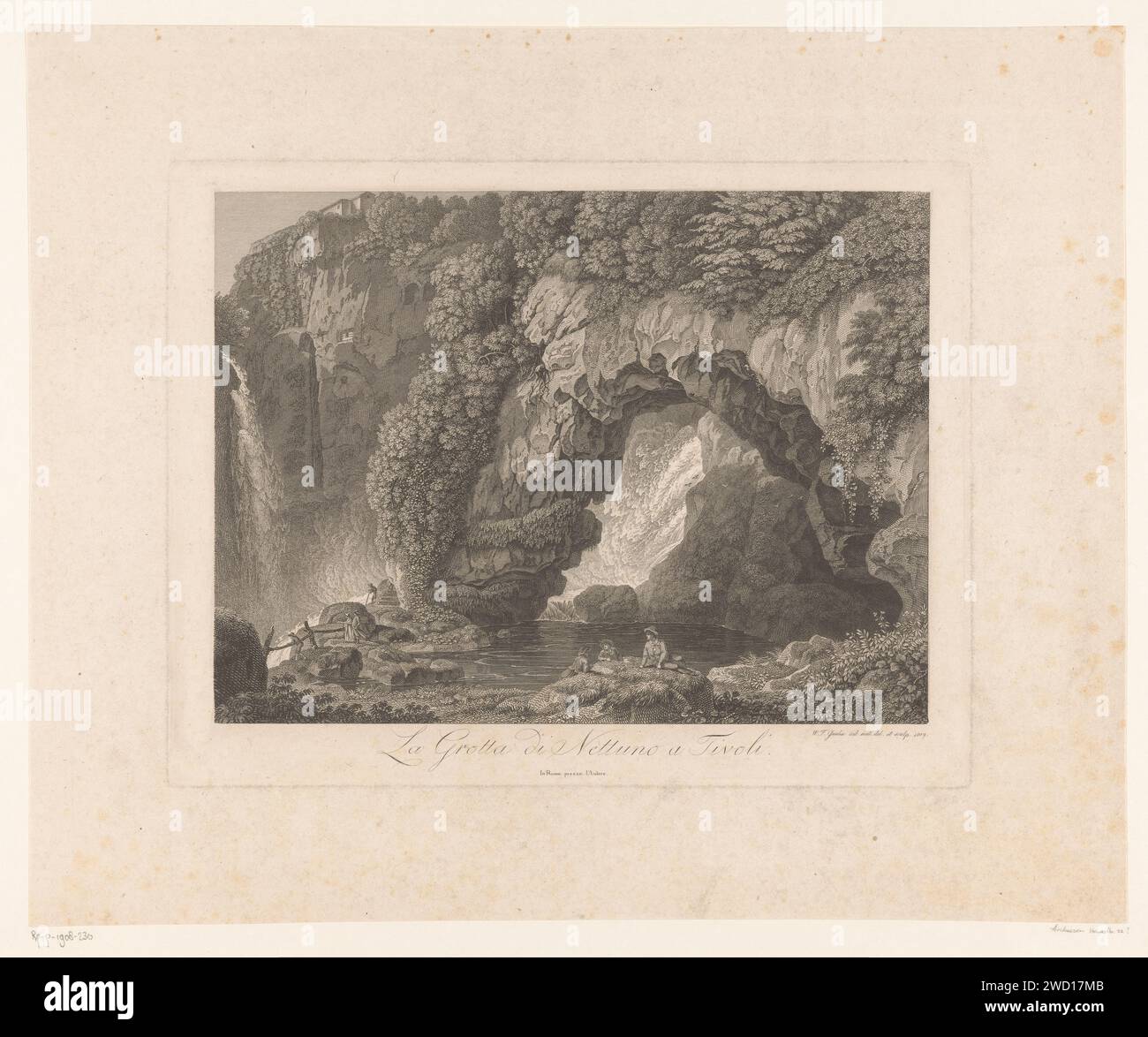 Blick auf die Höhle des Neptunus in Tivoli, Wilhelm Friedrich Gmelin, 1809 Druck Rom Papier Gravur Höhle, Grotte. Wasserfall. Ruhe - BB - außerhalb der Türen Tivoli Stockfoto