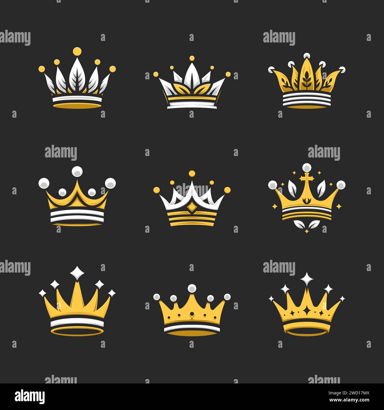 Luxuriöse majestätische Könige Krone Vektor Set Illustration. Professionelle Gold King Crown Markenidentität. Stock Vektor