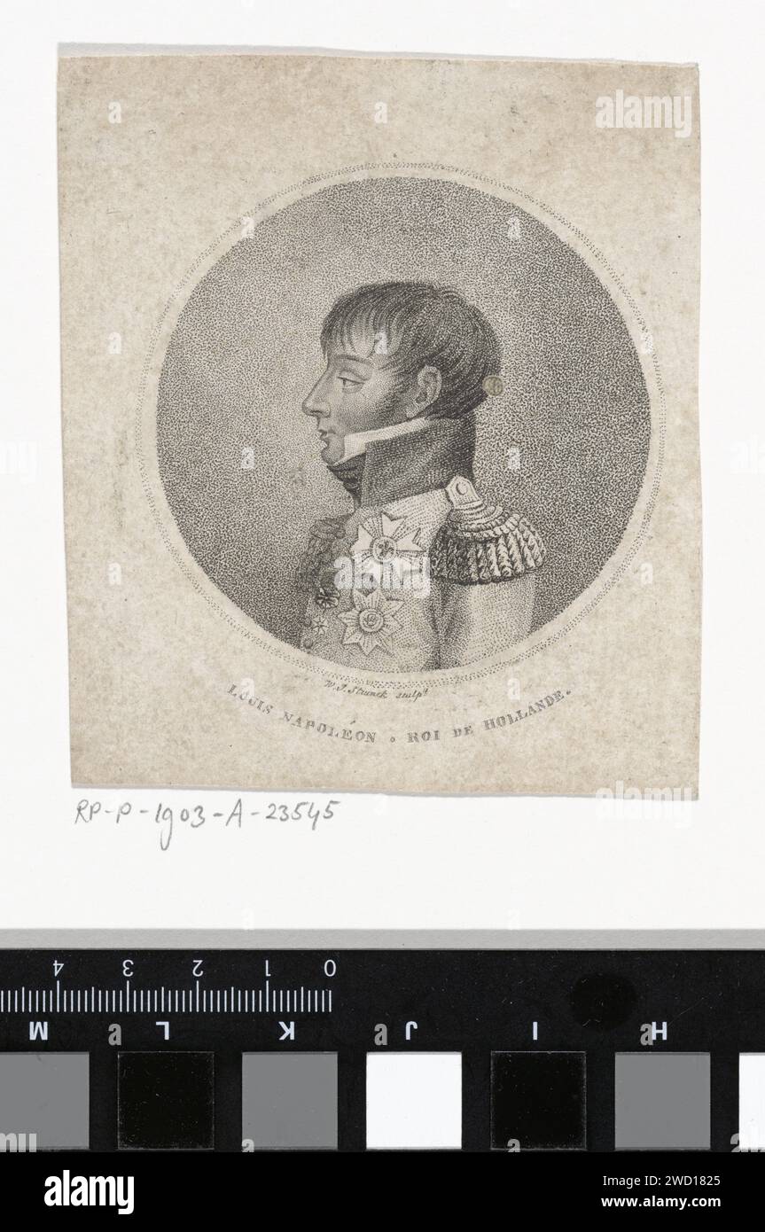 Porträt von Lodewijk Napoleon Bonaparte, Jacob Willem Strunck, 1806–1810 Print Porträt von Lodewijk Napoleon Bonaparte als König der Niederlande. Niederlande Papierätzung Stockfoto