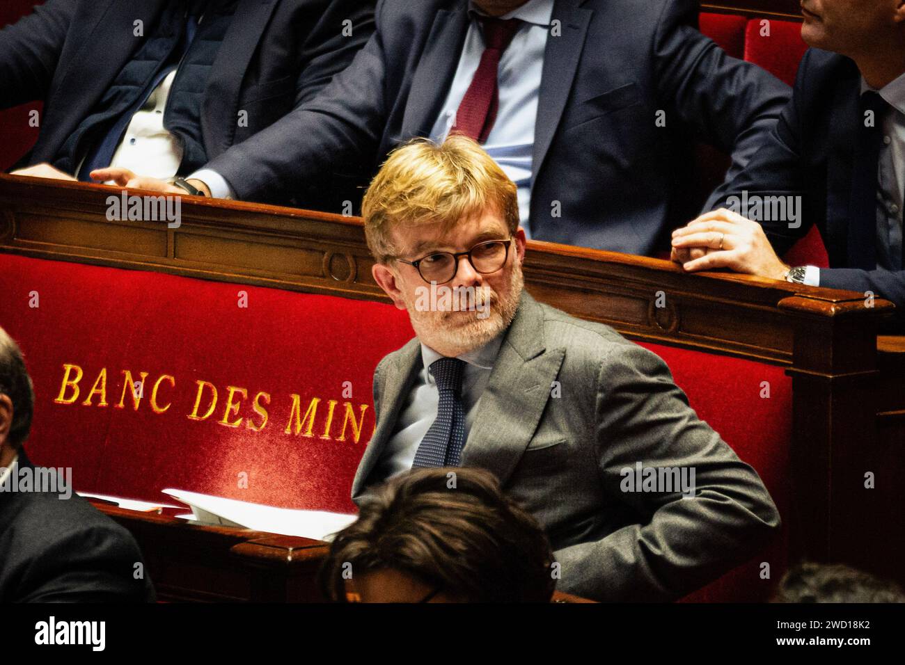 Paris, Frankreich. Januar 2024. Marc Fesneau, Minister für Landwirtschaft und Ernährungssouveränität, der während der Anfragen an die Regierungsperiode in der Nationalversammlung anwesend war. Eine wöchentliche Sitzung mit Fragen an die französische Regierung in der Nationalversammlung im Palais Bourbon in Paris. Quelle: SOPA Images Limited/Alamy Live News Stockfoto