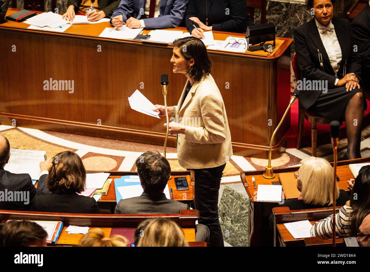 Paris, Frankreich. Januar 2024. Amelie Oudea Castera, Ministerin für Bildung, Jugend, Sport und Olympische und Paralympische Spiele, spricht während der Fragen an die Regierung in der Nationalversammlung. Eine wöchentliche Sitzung mit Fragen an die französische Regierung in der Nationalversammlung im Palais Bourbon in Paris. Quelle: SOPA Images Limited/Alamy Live News Stockfoto