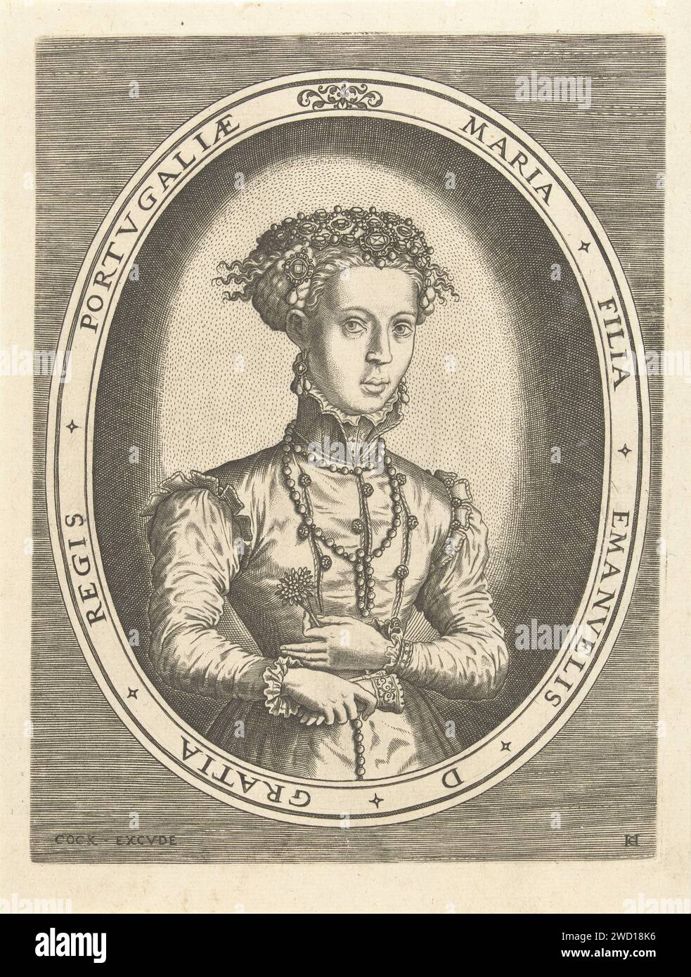 Porträt der Prinzessin Maria von Portugal, Hans Collaert (I), 1554–1556 Porträt der Prinzessin Maria von Portugal, der Ehefrau von Philipp II. Von Spanien. Büste nach rechts, in Oval mit Rand. Antwerpener Papiergravur Stockfoto