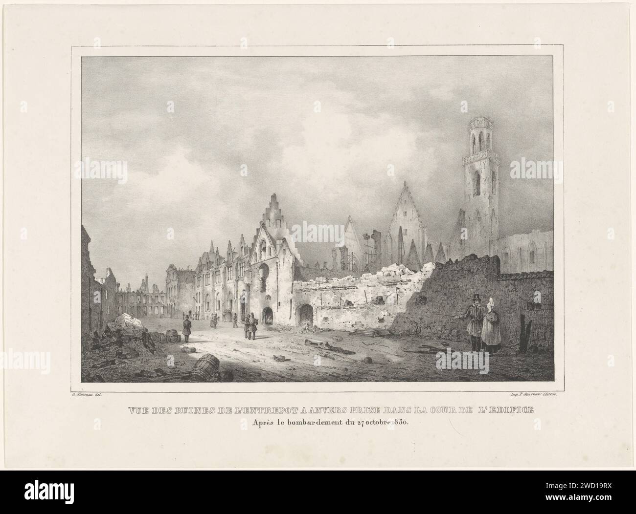 Ruine des Antwerpener Entrepots nach dem Bombenanschlag, 1830, Gustave Adolphe Simonau, 1830–1831 Drucken Ansicht der Ruinen des Entrepots und der Sint-Michielsabdij auf der Kloosterstraat in Antwerpen, nach dem Bombenanschlag vom 27. Oktober 1830. Brüsseler Zeitung verwüstet, ruiniert Ort oder Stadt ( Kriegsführung) Antwerpen. Sint-Michielsabdij Stockfoto