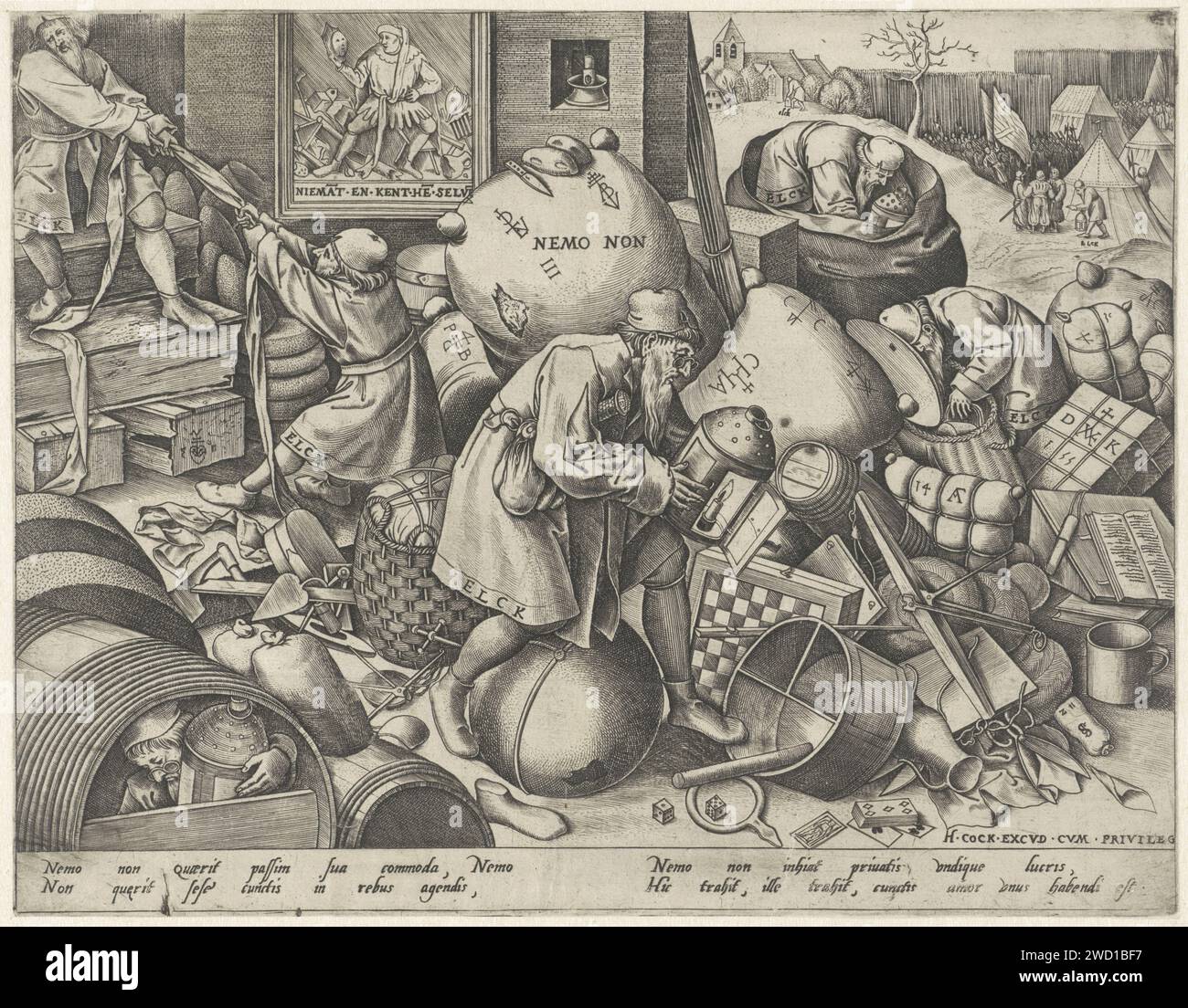 Pieter van der Heyden, nach Pieter Bruegel (I), 1556 - 1560, Ein Mann mit Brille auf der Nase und einer Laterne in der Hand schaut zwischen allerlei Dingen. Es gibt Merchandise, ein Schachspiel, Würfel und ein Kartenspiel auf dem Boden. Andere Männer suchen auch nach. Links ziehen zwei Männer am selben Stück Stoff. Die Vorstellung, dass jeder sich auf sich selbst konzentriert und sein eigenes Interesse sucht. Unter dem Bild ist eine vierzeilige Unterschrift in lateinischer Sprache zu sehen. Antwerpener Papiergravur Egoismus; Interesse, Interesse proprio (Ripa). Laterne. Lagerung, Konservierung, Konservierung (von Produkten) Stockfoto