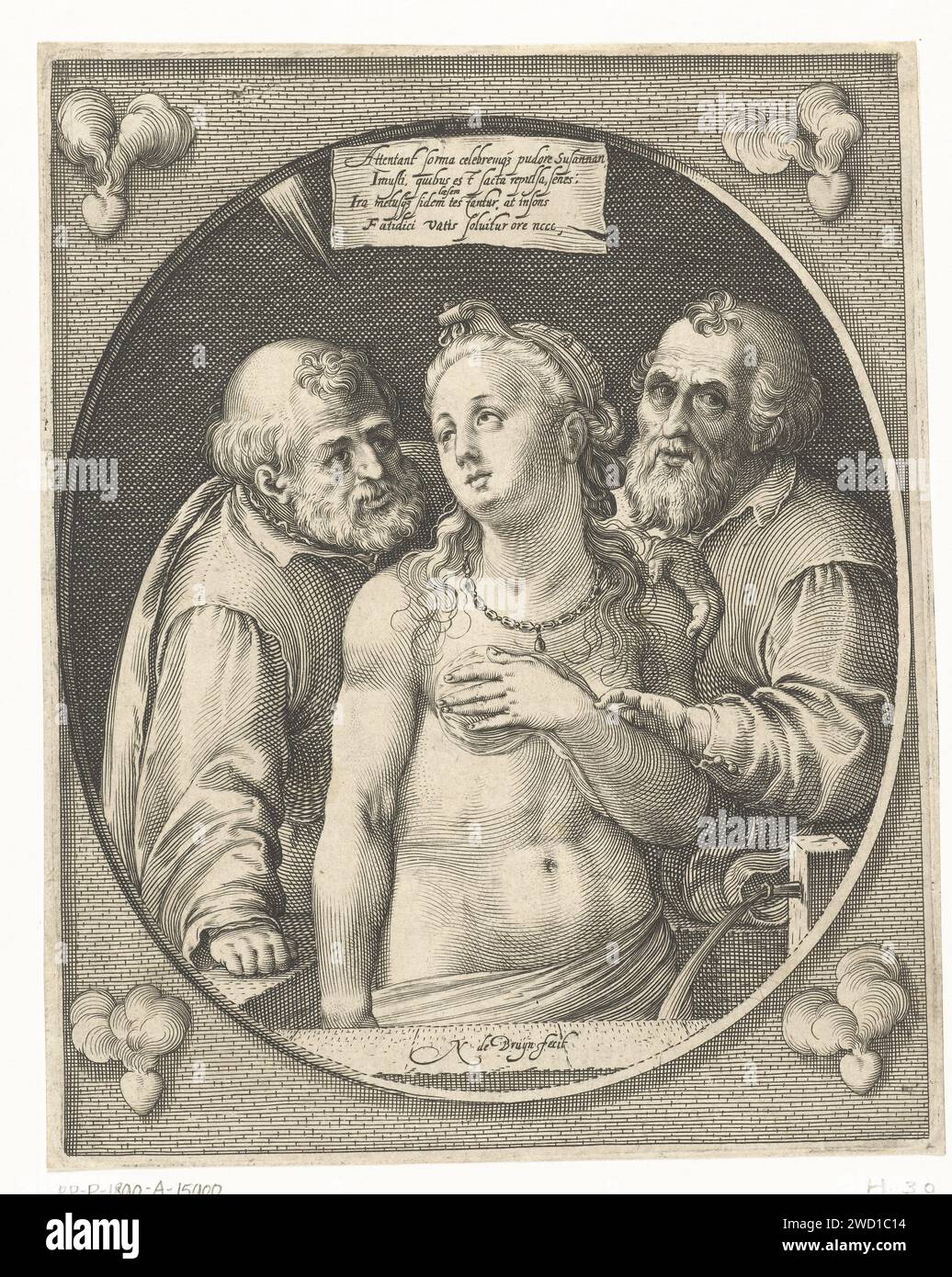 Susanna und die Ältesten, Nicolaes de Bruyn, 1581–1656 Druck Susanna wird von zwei Ältesten berührt, wenn sie ein Bad nimmt. Szene in ovaler Begleitung in einem rechteckigen Rahmen. Vier brennende Herzen in den Ecken. Die lateinische Inschrift über den Figuren bezieht sich auf die Bibelgeschichte. Niederländisches Papier, das die Ältesten auf Susanna eingraviert Stockfoto