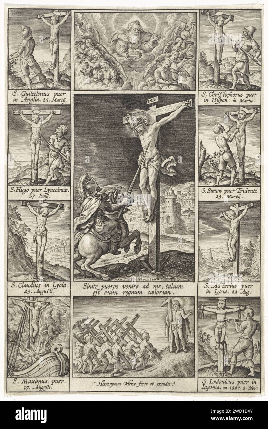 Christ on the Cross and the Lansdrager, Hieronymus Wierix, 1597–1619 Print Cross-Killing of Christ on Golgota. Longinus sticht seine Lanze in die Seite Christi. Bilder von gekreuzigten Kindern sind auf beiden Seiten dieser zentralen Leistung zu sehen. An der Spitze Gottes des Vaters, zwischen Engeln mit Kronen für die jungen Märtyrer. Am unteren Ende wird Christus von jungen Gläubigen gefolgt, die Kreuze auf dem Rücken tragen. Antwerpener Papierstich Longinus durchsticht Christi Seite mit einer Lanze. Gott der Vater (+ Engel). Gewaltsamer Tod durch Kreuzigung Stockfoto