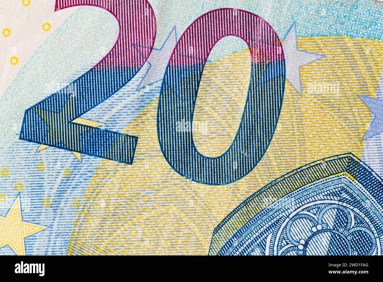 Bruchstück eines 20-Euro-Banknotenstücks in Nahaufnahme Stockfoto