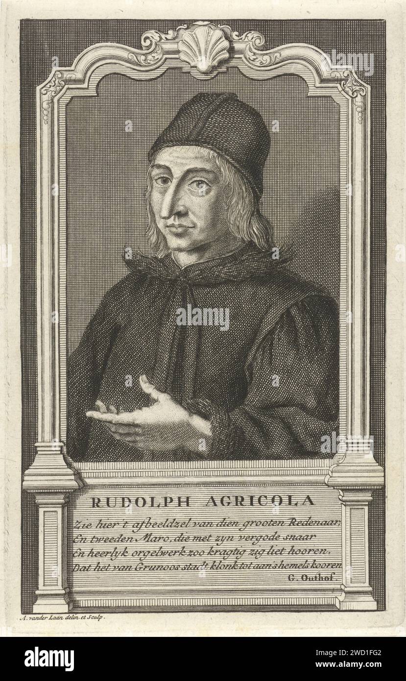 Porträt Rudolf van Agricola, Adolf van der Laan, 1694–1755 Druck Porträt-Büste links von Rudolf van Agricola, Kirchenreformer und lateinischer Linguist, mit Kopfbedeckung. Um einen Zierrahmen, unter dem Porträt der Name des Dargestellten und eine vierzeilige niederländische Strophe. Papierätzung/Gravur Stockfoto