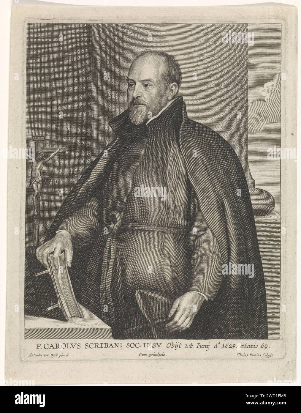 Porträt des Jesuiten Carolus Scribani, Paulus Pontius, nach Petrus Clouwet, nach Anthony Van Dyck, 1629–1657 Druck Antwerpener Papierstich Hierarchie der Rechtsprechung  römisch-katholische Kirche. Kruzifix  persönliche Hingabe Stockfoto