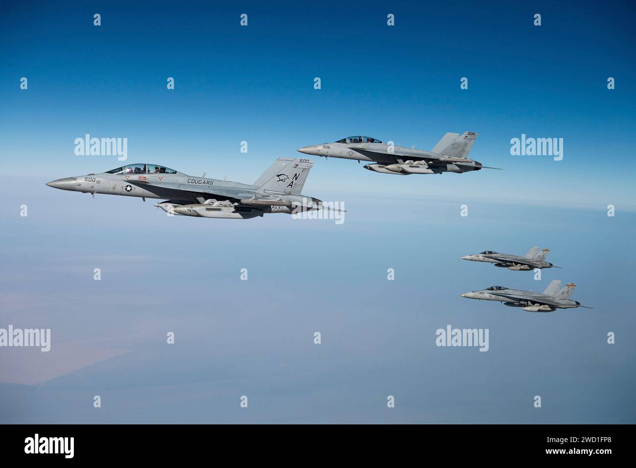 Zwei E/A-18G Growlers der US Navy und zwei F/A-18C Hornets des US Marine Corps fliegen in Formation. Stockfoto