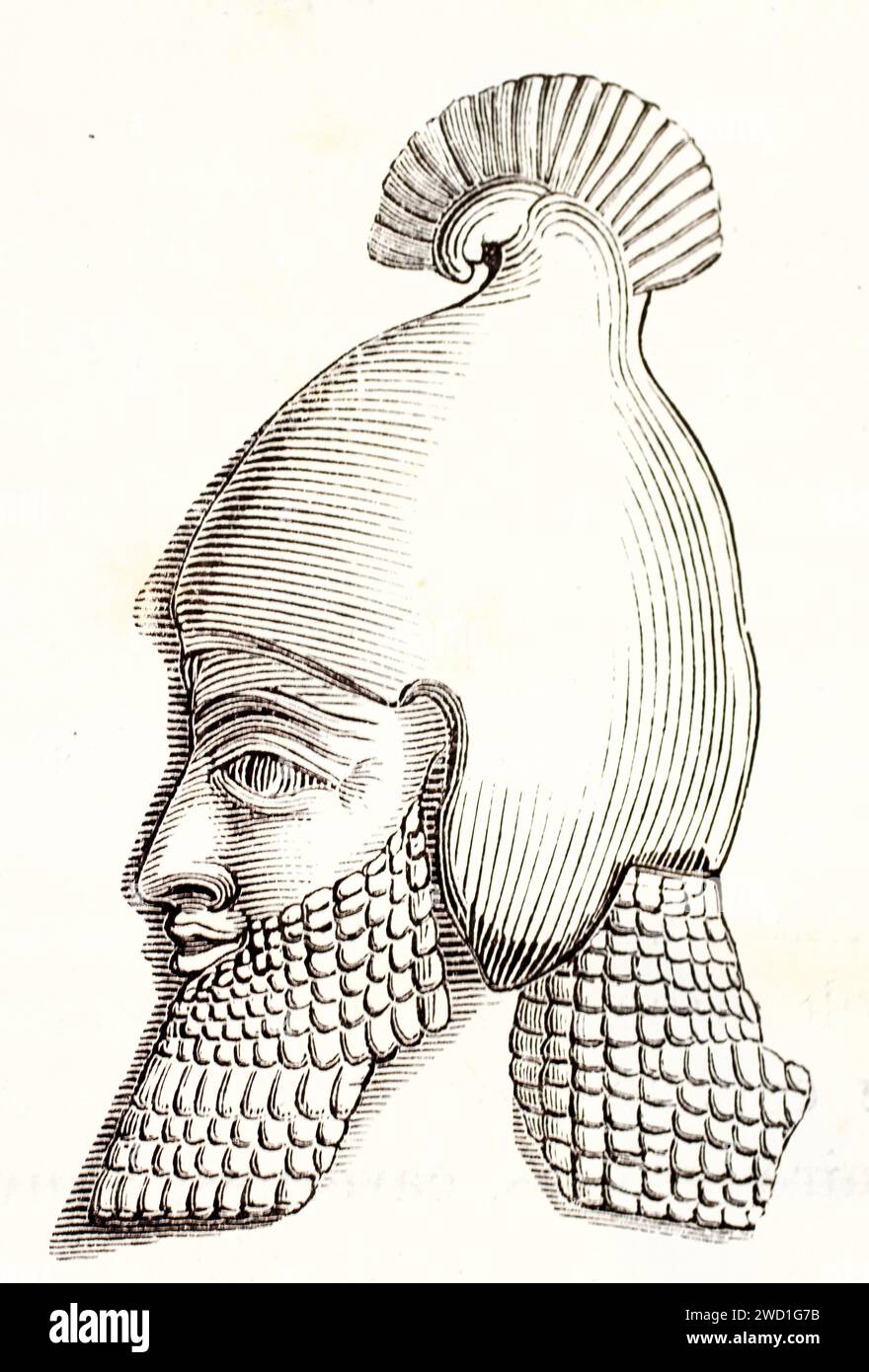 Graviertes Profilporträt eines bärtigen griechischen Mannes mit Helm, basierend auf klassischem Basrelief; anonymes Kunstwerk aus Brehms Les Mammifères, 1878. Stockfoto